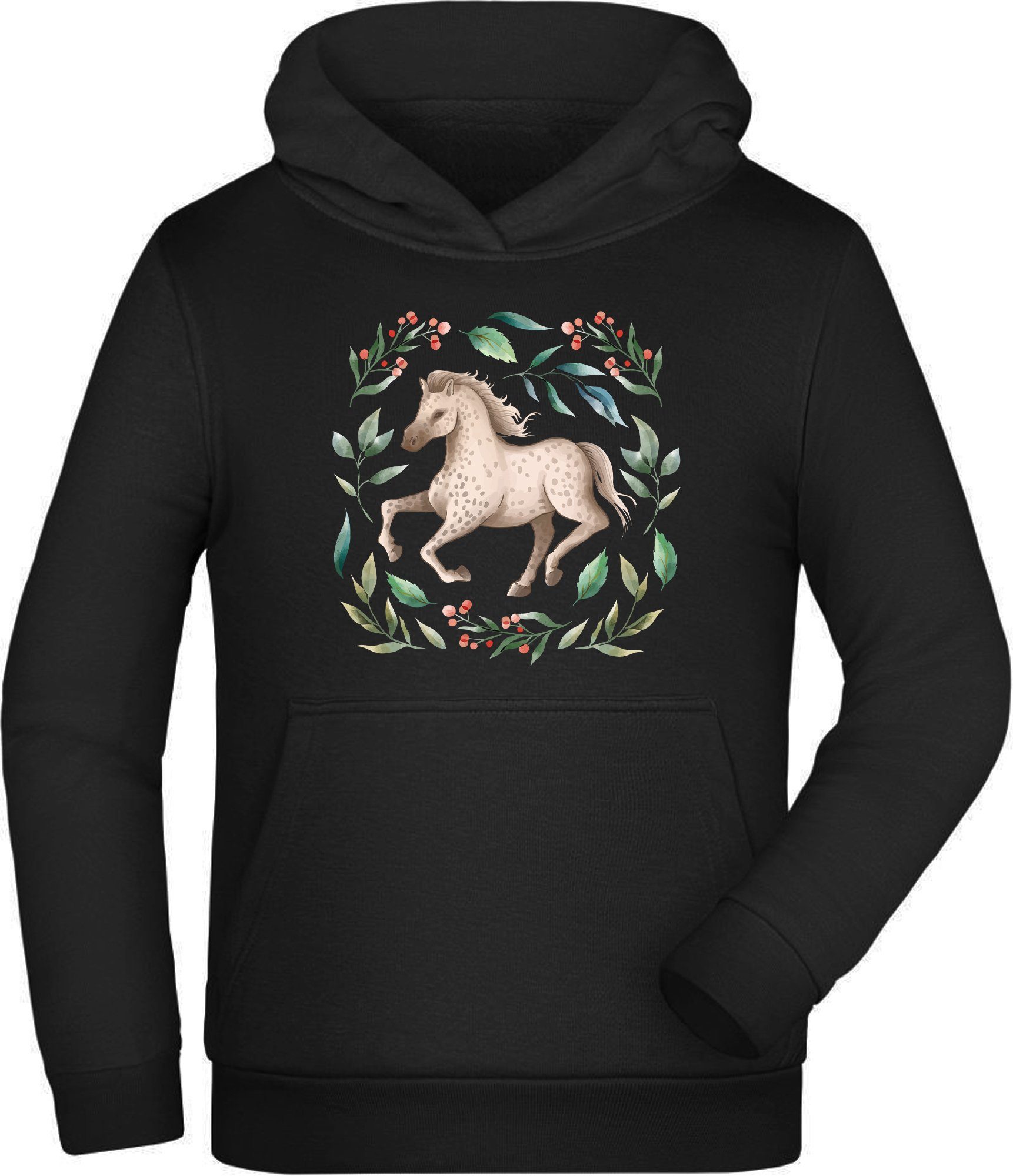 MyDesign24 Hoodie Kinder Kapuzen Sweatshirt Laufendes Pferd im Blumenkranz Kapuzensweater mit Aufdruck, i161 | Sweatshirts