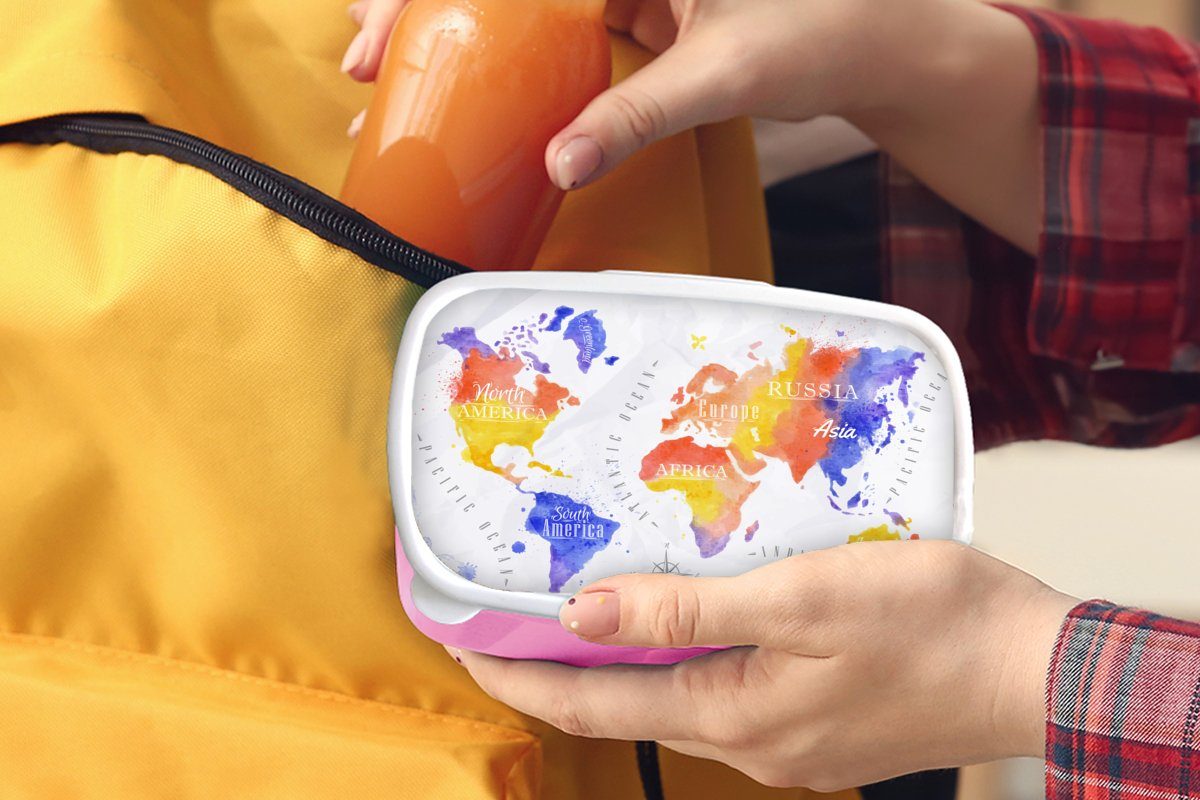 für - Erwachsene, Lunchbox Brotdose - Kunststoff, Aquarell rosa Kinder, Mädchen, Snackbox, Kunststoff Blau, Brotbox (2-tlg), Rot - MuchoWow Weltkarte