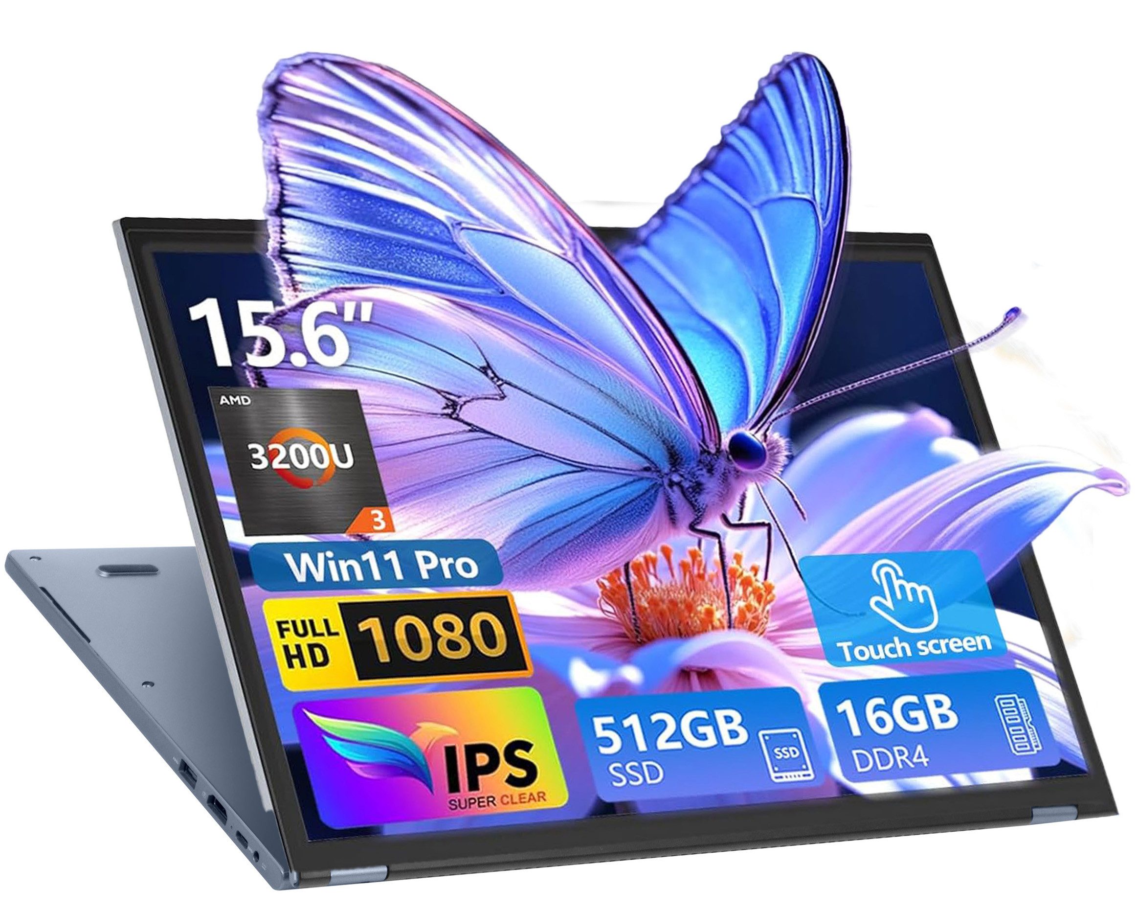 Rolipo 2 in 1 Convertible Laptop,15.6 Zoll (1920x1080),AMD Ryzen 3 3200U Business-Notebook (AMD AMD Ryzen™ 3 3200U, Radeon™ Vega 3 Grafikkartenserie, 16 GB, 512 GB SSD, 16 GB RAM, 512 GB SSD, Windows 11)