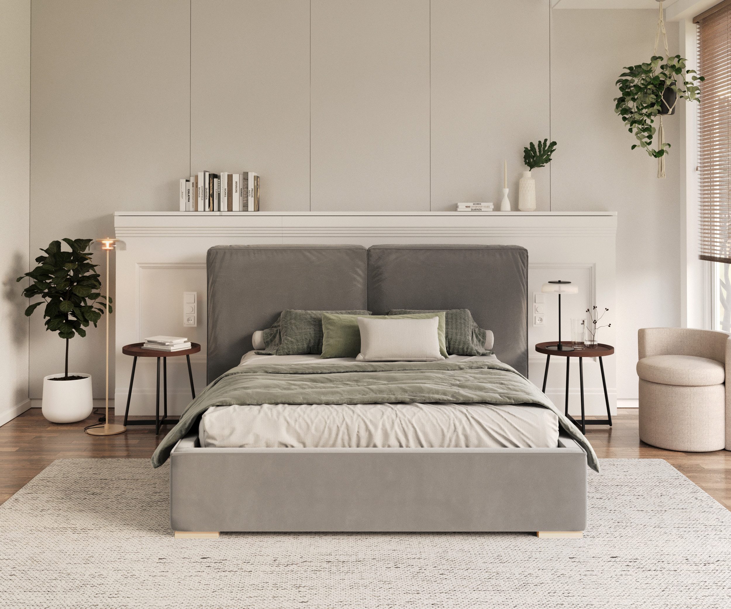 thematys Polsterbett 140x200–180x200 cm – Velours Bett mit Bettkasten & Lattenrost (Optional mit 23 cm Taschenfederkern-Matratze H2, hydraulisches Stauraumbett)