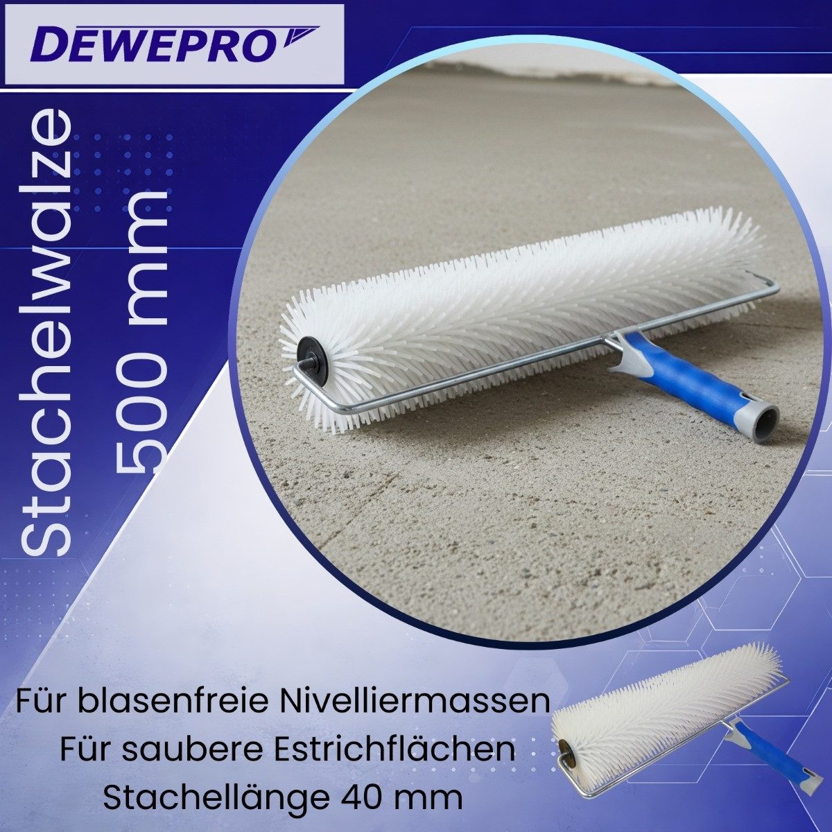 DEWEPRO Bodenlegerkelle DEWEPRO Hand-Stachelwalze 500mm breit, Stachellänge 40mm