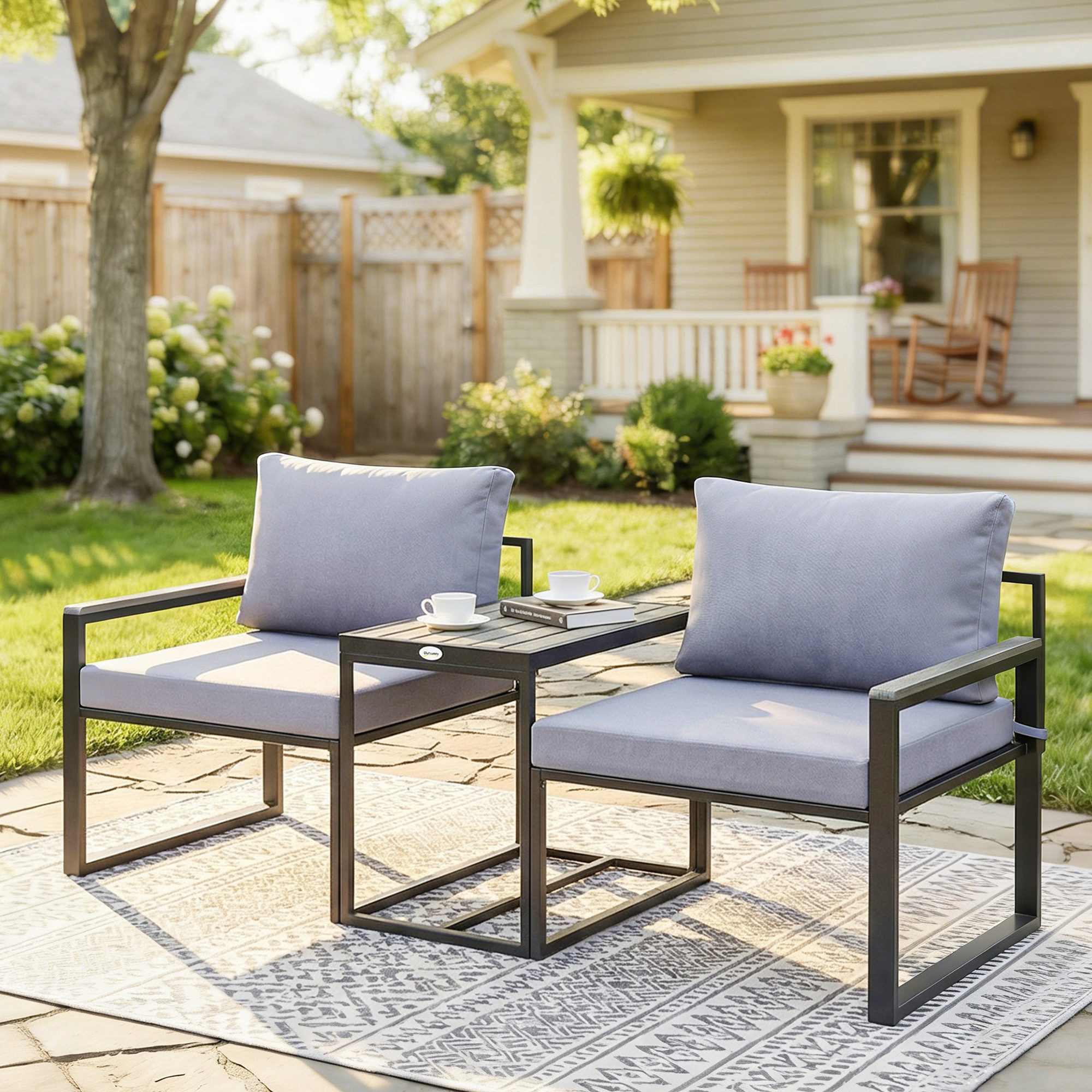 Outsunny Sitzgruppe 2 Sessel mit Tisch, abnehmbare Polster, atmungsaktiv, Gartenmöbel, (Garten Bistro Set, 3-tlg., Balkonmöbel Set), für Garten Terrasse Grau