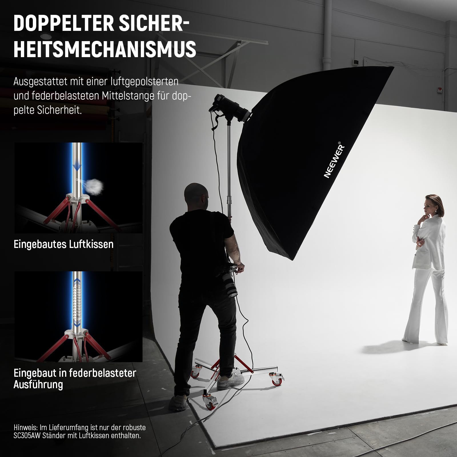 Neewer ST240SS Rollenstativ 305 cm, luftgepolsterter Lichtständer, Edelstahl Lampenstativ (höhenverstellbar 130-305 cm, Räderständer für Studioblitz Softbox)