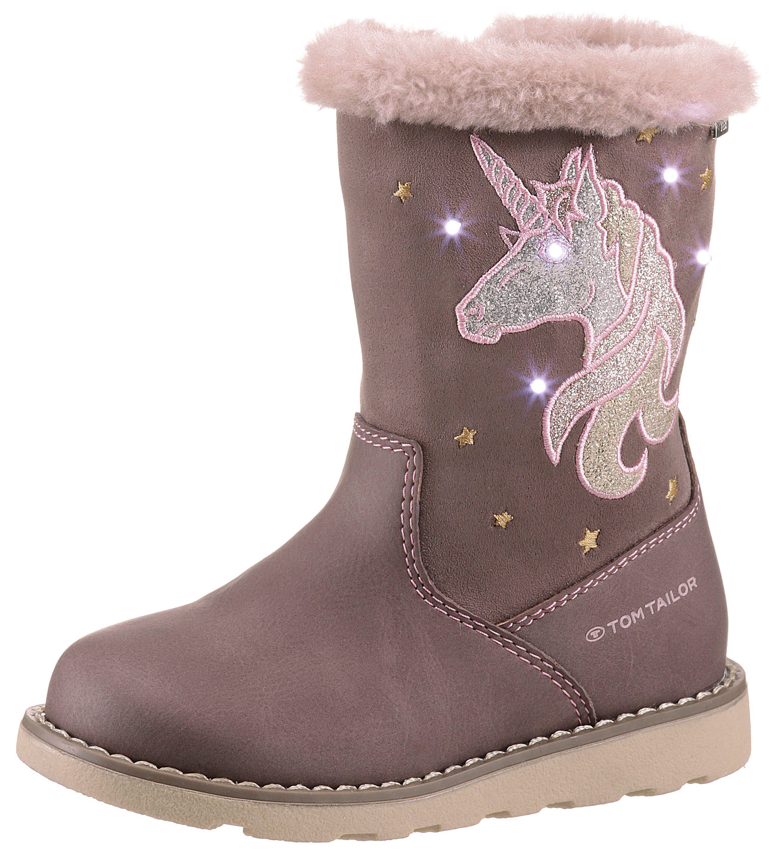 TOM TAILOR Blinkschuh Winterstiefel Langschafttstiefel, Kinderstiefel mit blinkendem Einhornmotiv