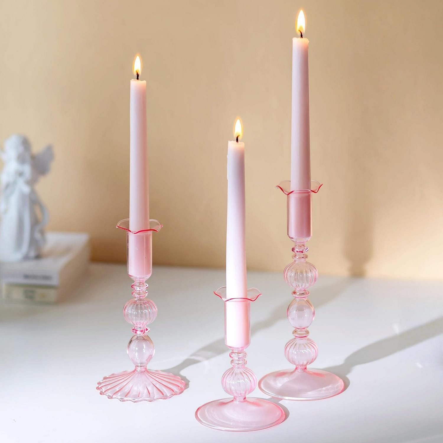 LuxusKollektion Kerzenständer Kerzenständer Glas Rosa 3er Set (3 St)