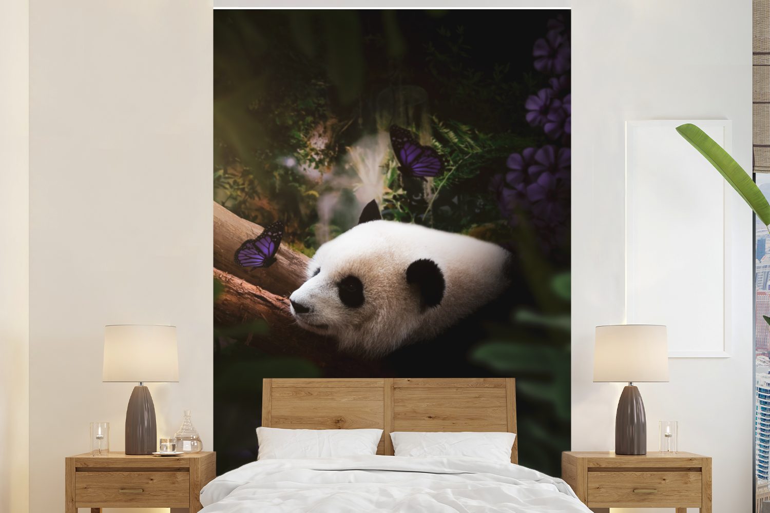 MuchoWow Fototapete Panda - Dschungel - Schmetterling - Lila, Matt, bedruckt, (3 St), Montagefertig Vinyl Tapete für Wohnzimmer, Wandtapete