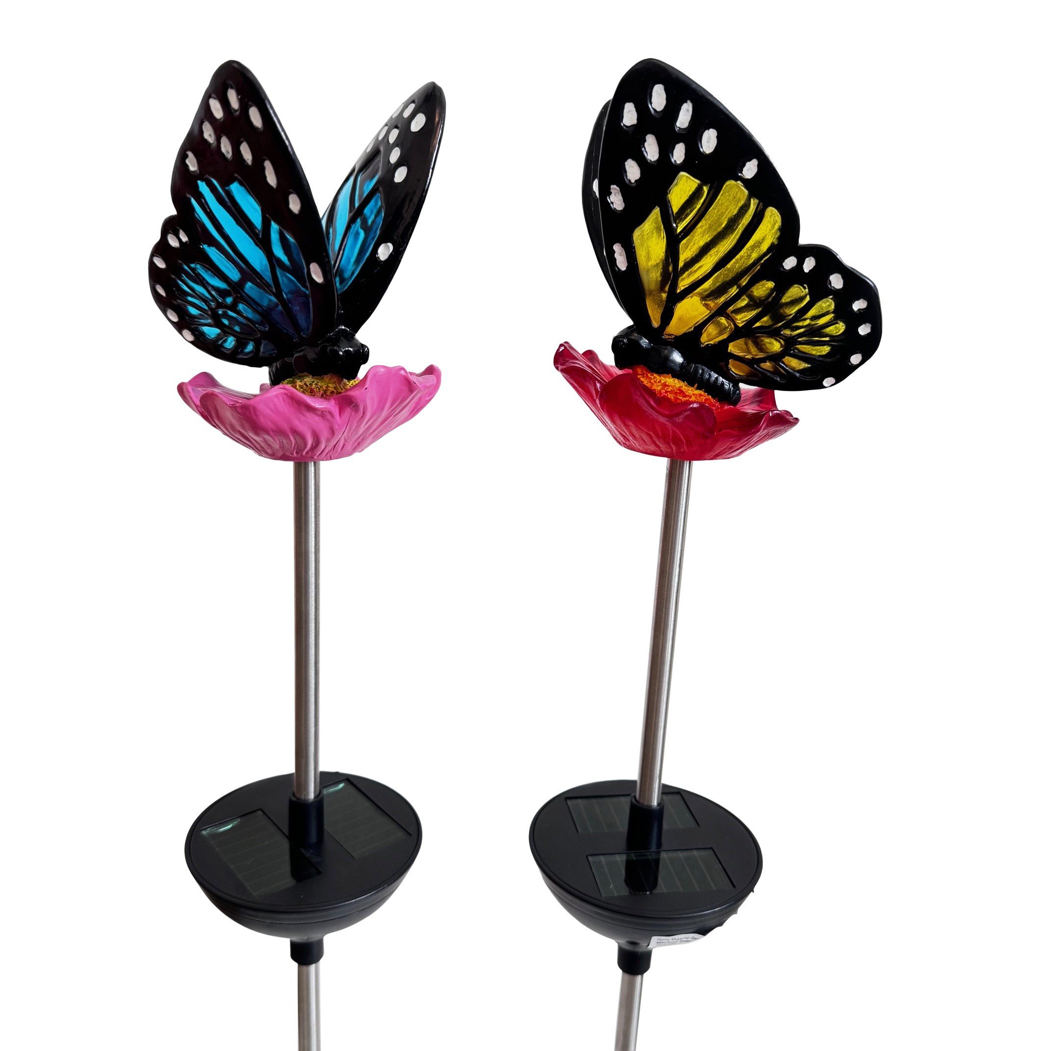 Online-Fuchs Gartenstecker mit 2 Schmetterlingen auf einer Blumenblüte mit LED-Solarbeleuchtung (wahlweise Warmweiß oder seichter Farbwechsel, 2er Set) süße Dekoration für Garten, Terrasse, Balkon und Blumentöpfe