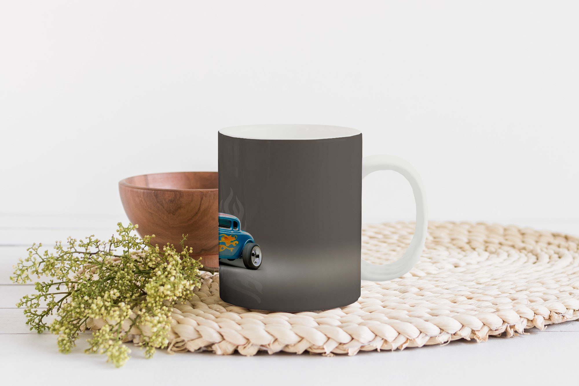 Geschenk - Keramik, Kaffeetassen, Blau, Oldtimer Auto Teetasse, Flammen Teetasse, MuchoWow Becher, - Tasse -