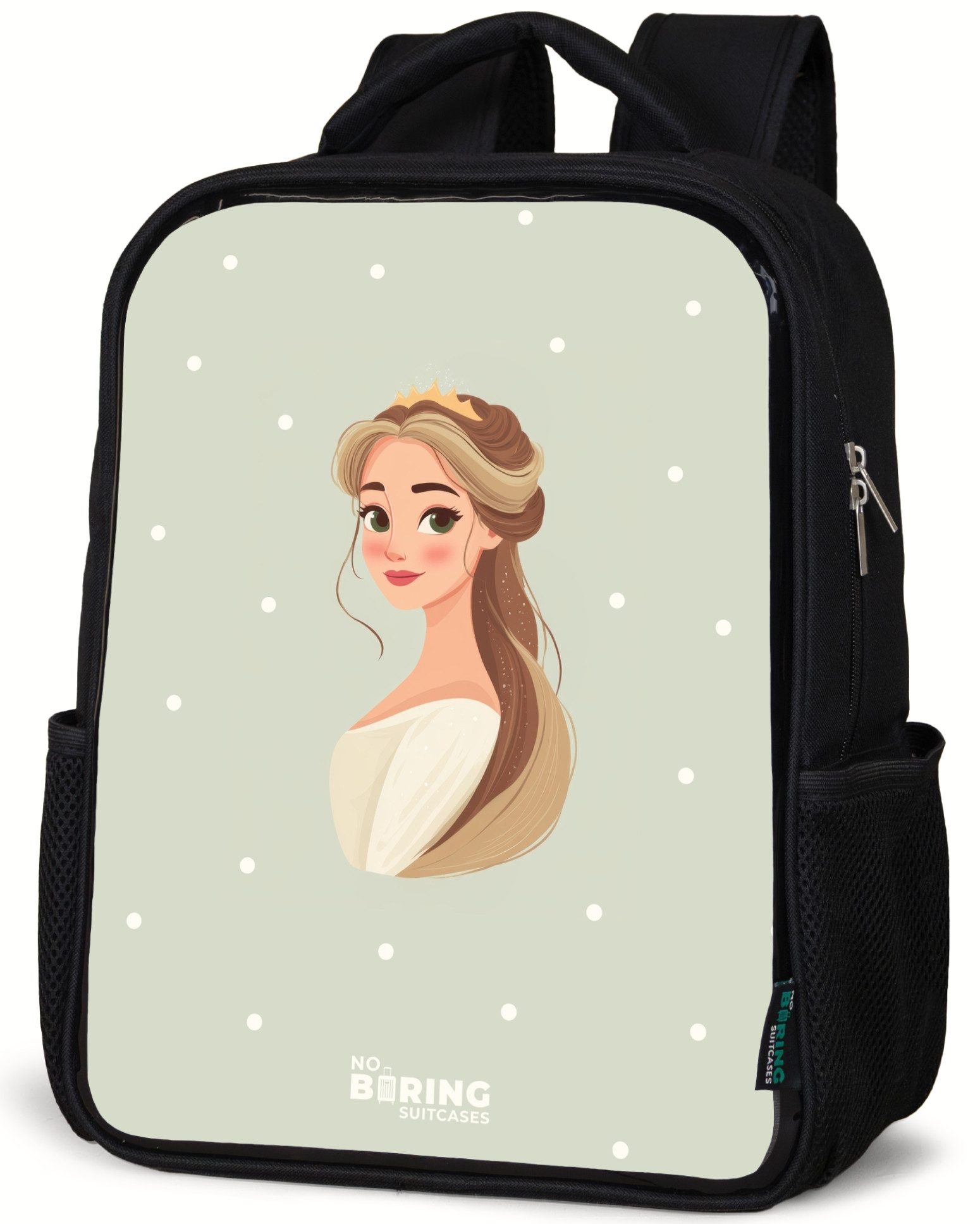 Rucksack Prinzessin mit Diadem auf grünem Tupfenhintergrund