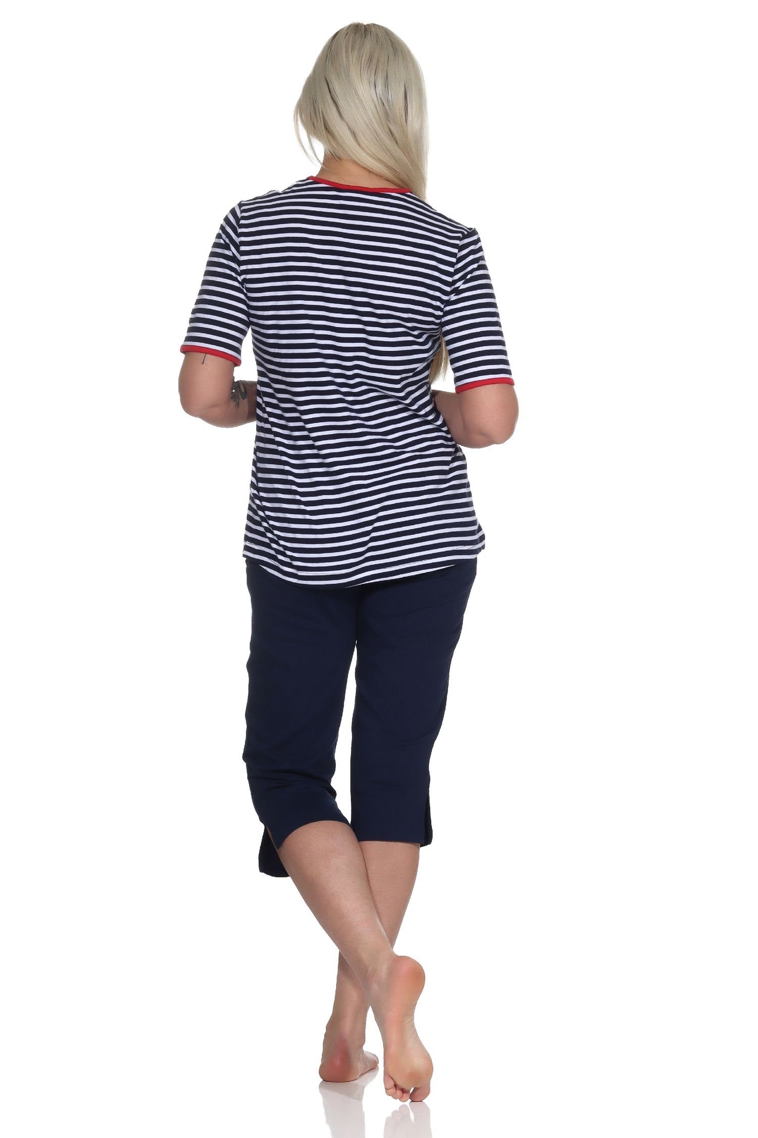 marine Oberteil mit Anker Capri Pyjama Normann kurzarm Damen Schlafanzug, Motiv Maritimer