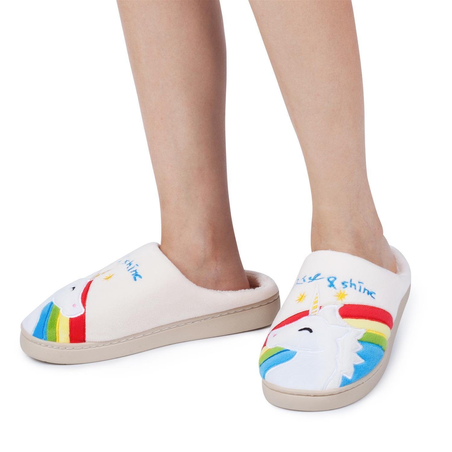 Katara Tier Pantoffeln Gr. 34-41 (Einhorn, Katze, Hase) Plüsch Hausschuhe Hausschuhe, weich, warm, süß, kuschelig, Plüsch Einhorn (Regenbogen)