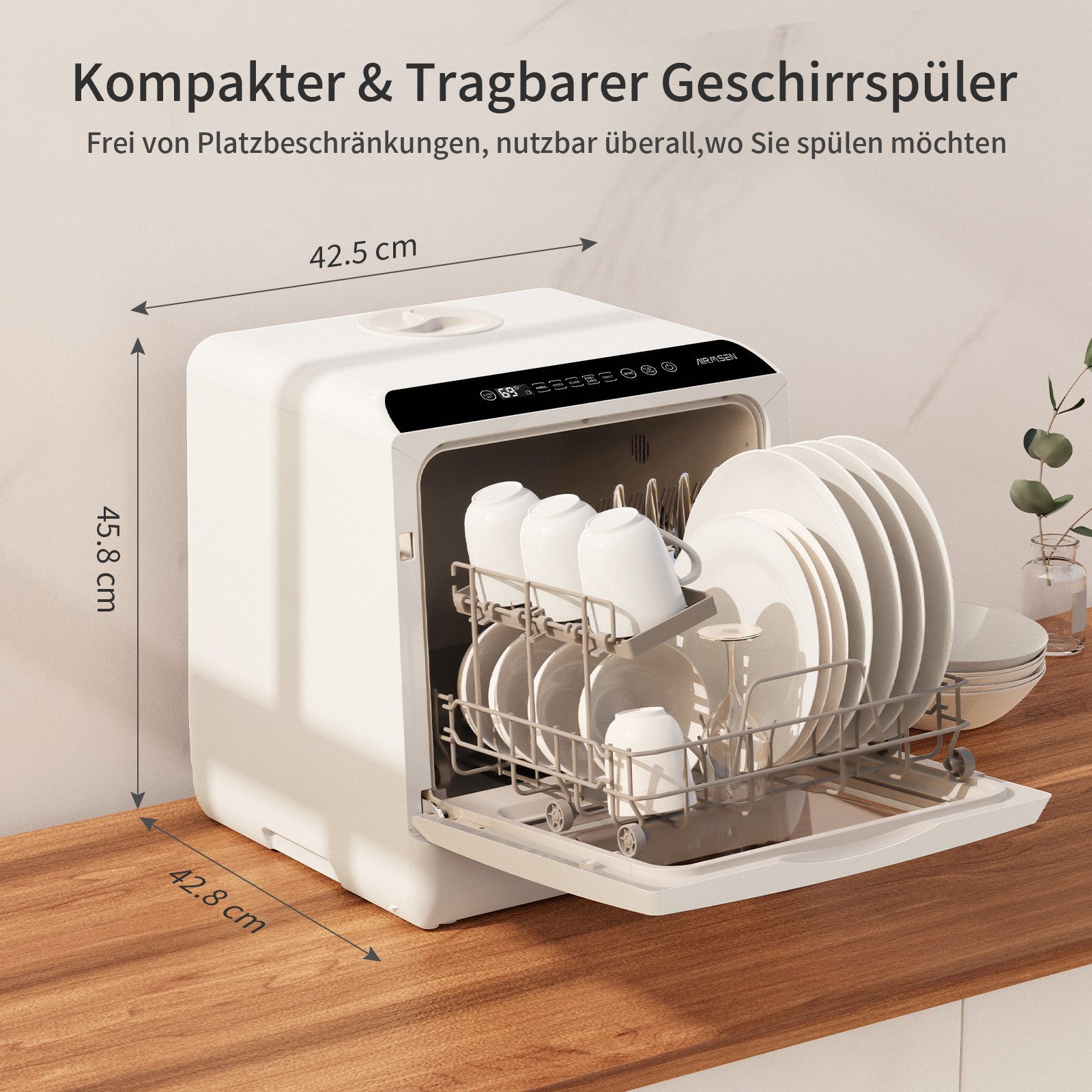 Airmsen Tischgeschirrspüler TDQR03A Mini Geschirrspüler mit 5L Wassertank und 6 Spülprogramme, Hochtemperatur-Trocknung, 4 Maßgedecke, Geeignet für Hausküchen, Wohnungen, Schlafsäle und Wohnmobile