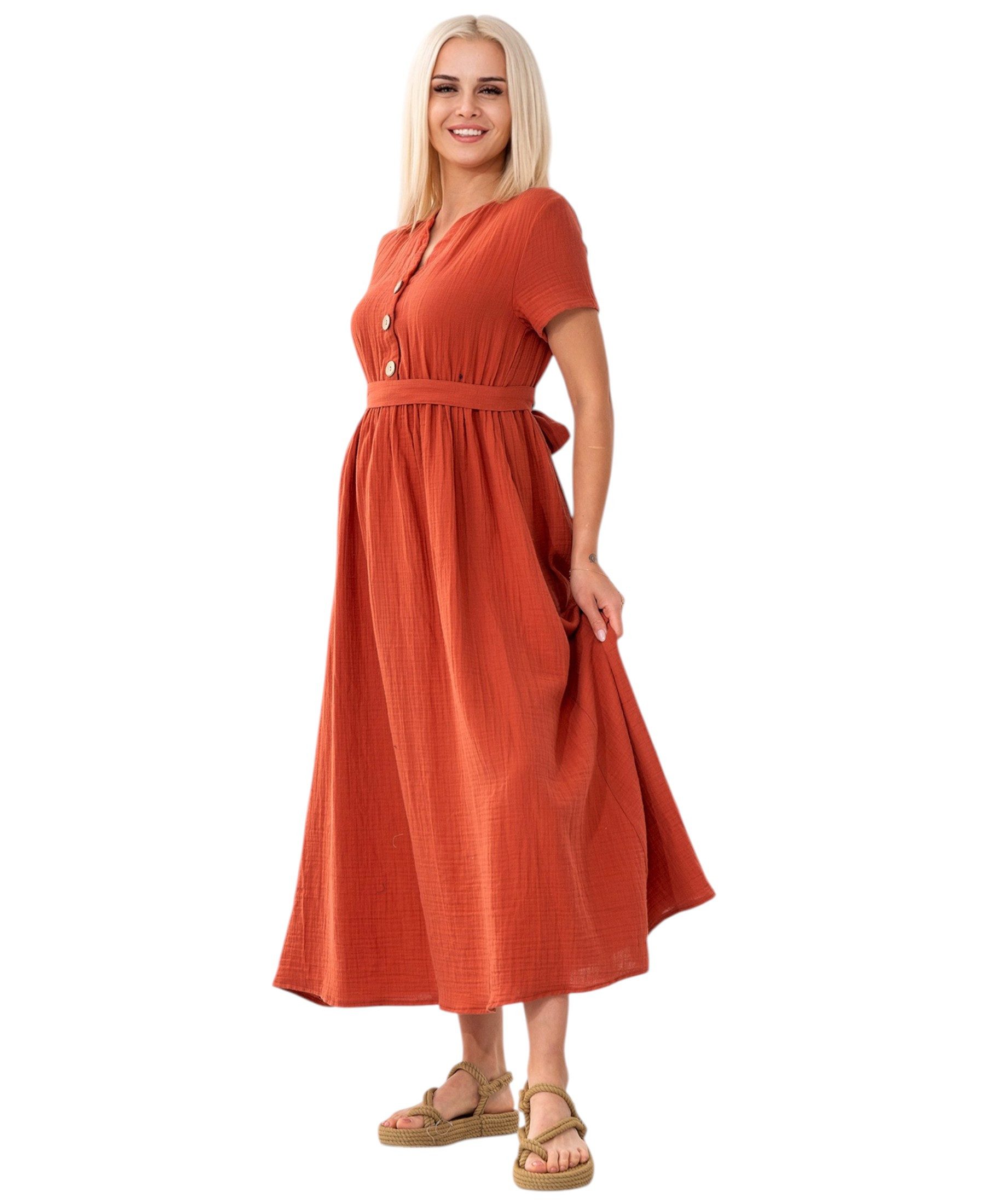 WENOR Sommerkleid Musselin Boho Kleid mit Knopfleiste & Taillenband, Freizeitkleid (1-tlg) Vorn mit Holzknöpfen, Bindegürtel an der Taille – Bild 2 von 5