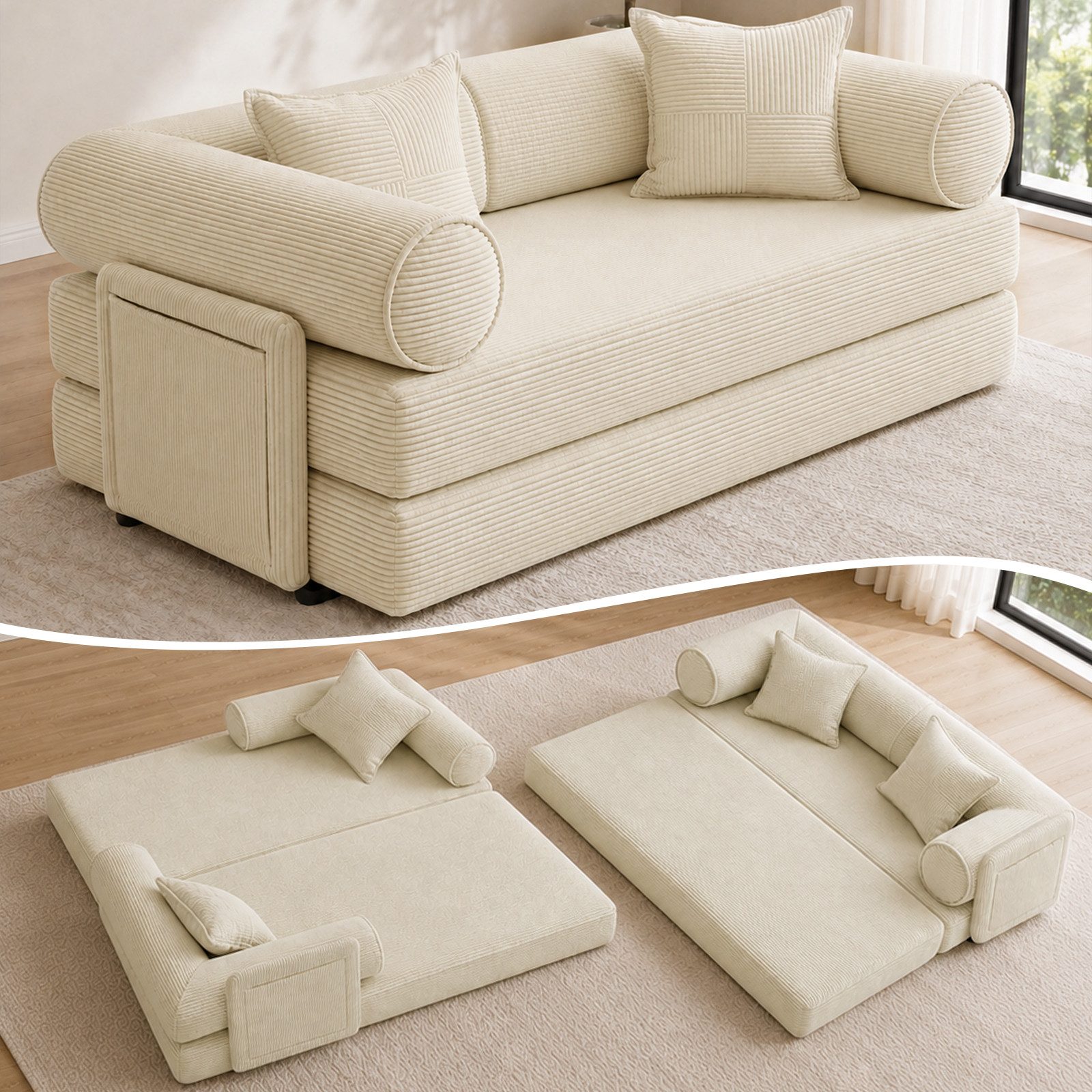 Hoolamyie Sofa 6-in-1 Cord Schlafsofa mit Schlaffunktion, 200 cm breit, 2-Sitzer, Modulares Sofa, ohne Montage, komprimiert verpackt, bis 200 kg