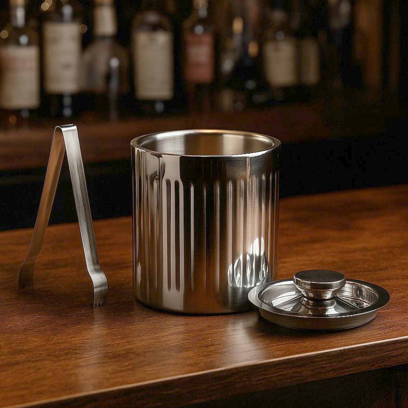 Koopman Eiseimer Eisbehälter Geriffelt Deckel + Zange Edelstahl, 1500 ml, Doppelwandig, Deckel, Isoliert, geriffelt