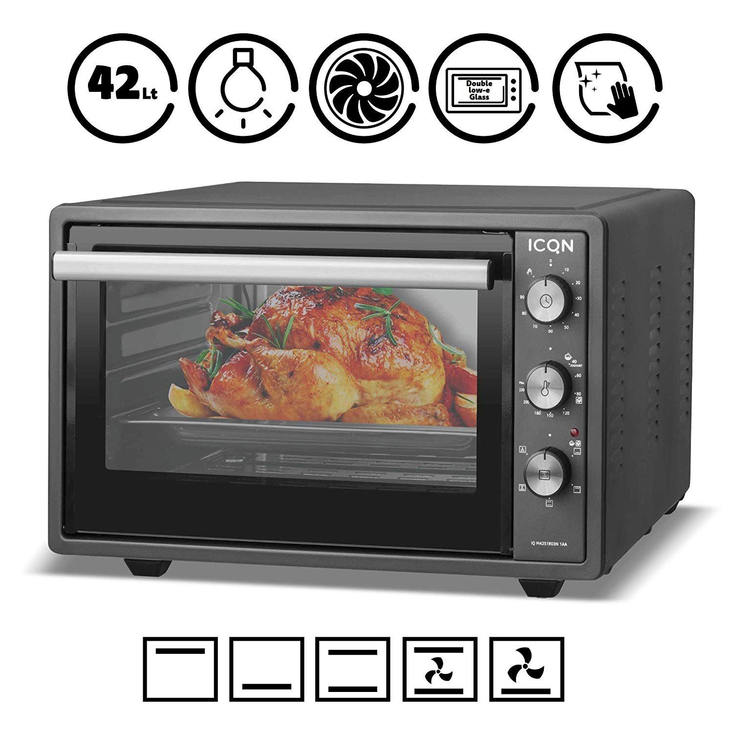 ICQN Minibackofen, Oberhitze, Unterhitze, Grill und Heißluft, 42 l, ICQN Minibackofen 42 Liter