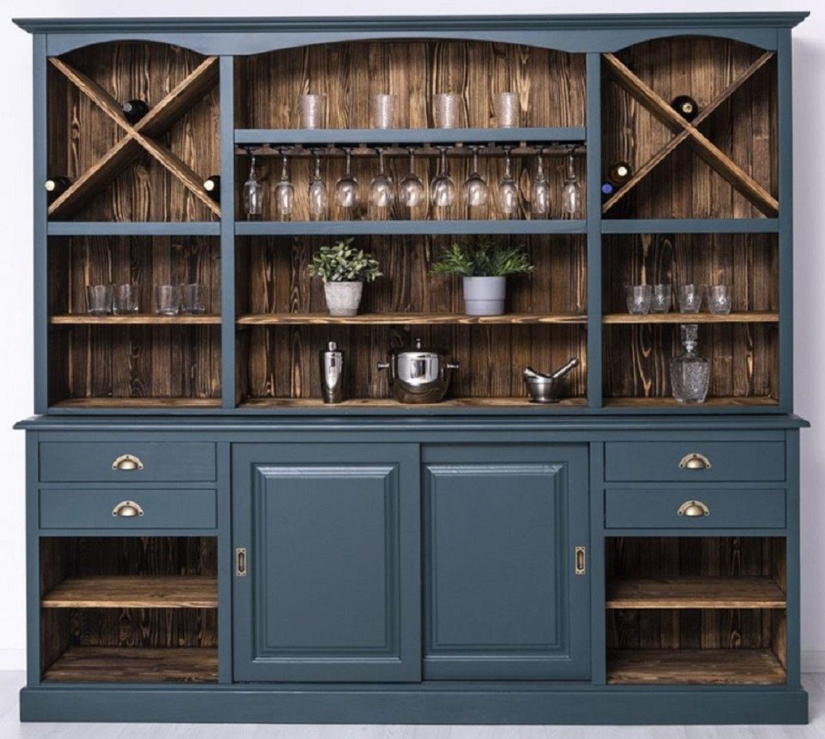 Barschrank Landhausstil Barschrank Blau / Dunkelbraun 240 x 50 x H. 210 cm - Massivholz Weinschrank im Landhausstil - Landhausstil Möbel - Bar Möbel im Landhausstil - Landhausstil Einrichtung