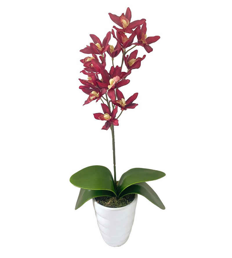 Kunstorchidee Orchidee Kunstblume Blume Pflanze rot künstlich unecht 523 Cymbidie, PassionMade, Höhe 50 cm, Orchidee künstlich im Topf wie echt