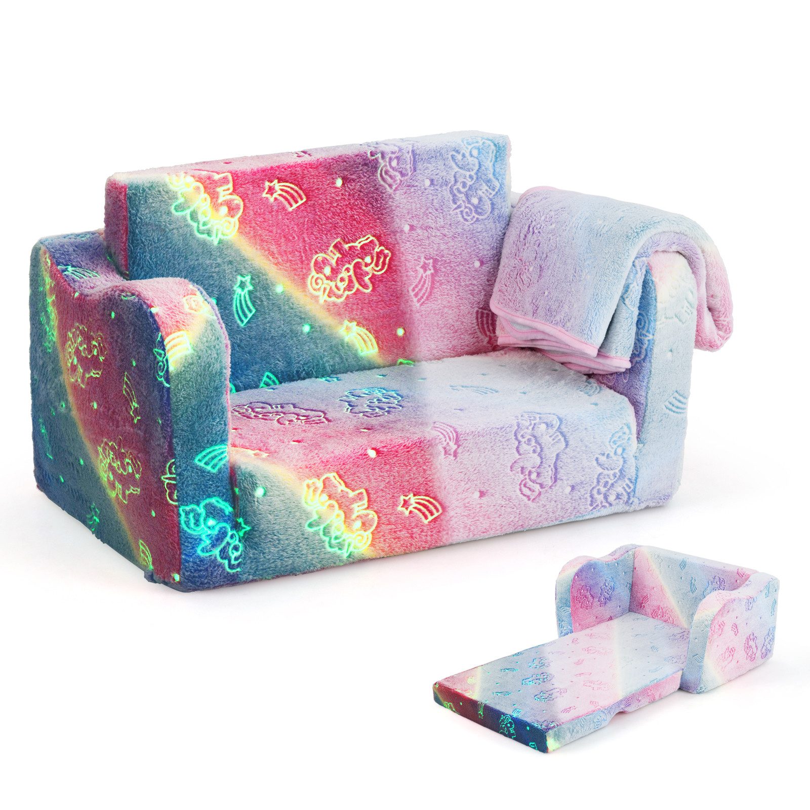 KOMFOTTEU Kindersofa, ausklappbar mit leuchtenden Mustern günstig online kaufen