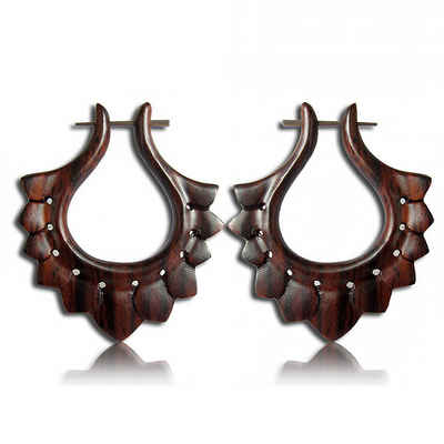 viva-adorno Paar Ohrhänger Holz Ohrringe geschnitzt Creolen Pin Ohr Piercing Ehtno Tribal, Pinohrringe Blüten Blätter (A)