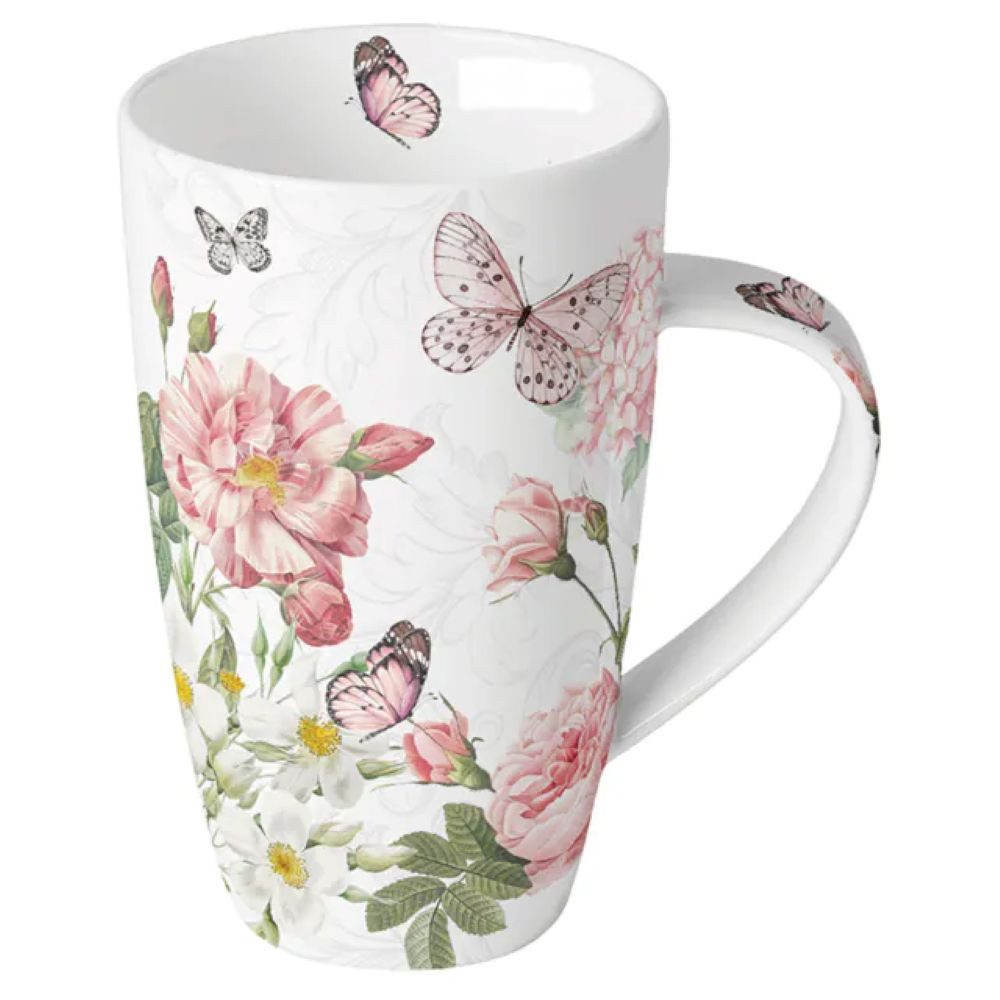 Ambiente Luxury Paper Products Becher Rosen, Blumen Mix, Vogel, Tiere - Pflanzen - Essen, Trinken Motiv, 1-tlg., Porzellan Kafee-Tee Tasse, Amelia, Schmetterlinge, Rosen - Rosen, Blumen-Mix, Porzellan Tasse- Frühling / Herbst / Sommer / Winter Kollektion
