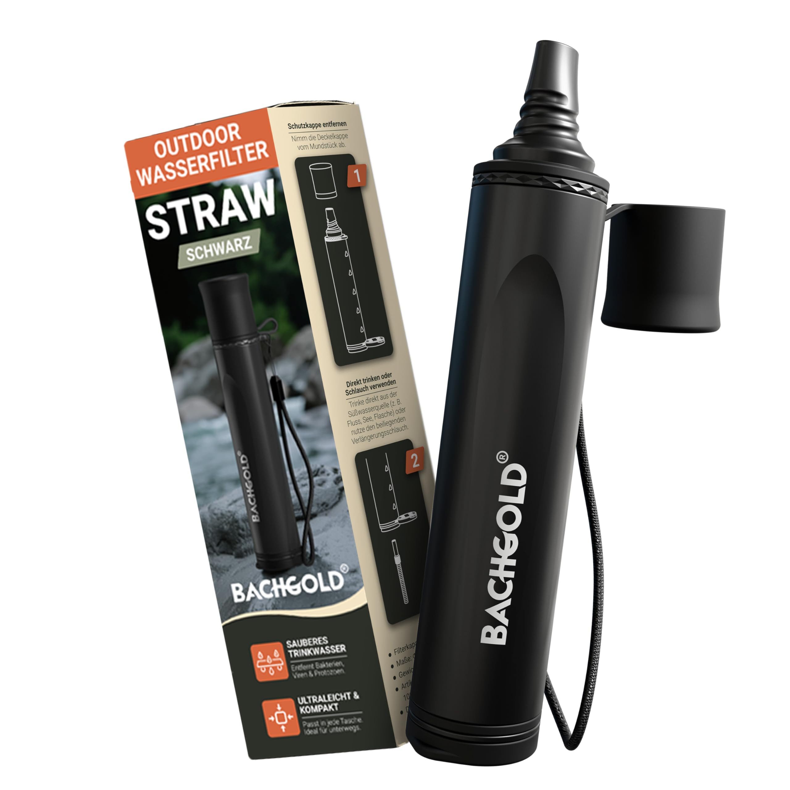 BACHGOLD Wasserfilter Straw - Outdoor Survival – Ultraleichte Prepper Ausrüstung, Zubehör für Liefert bis zu 500L Frisches Trinkwasser für Jeden Ernstfall, inkl. Schlauch, Langlebig Konstruiert