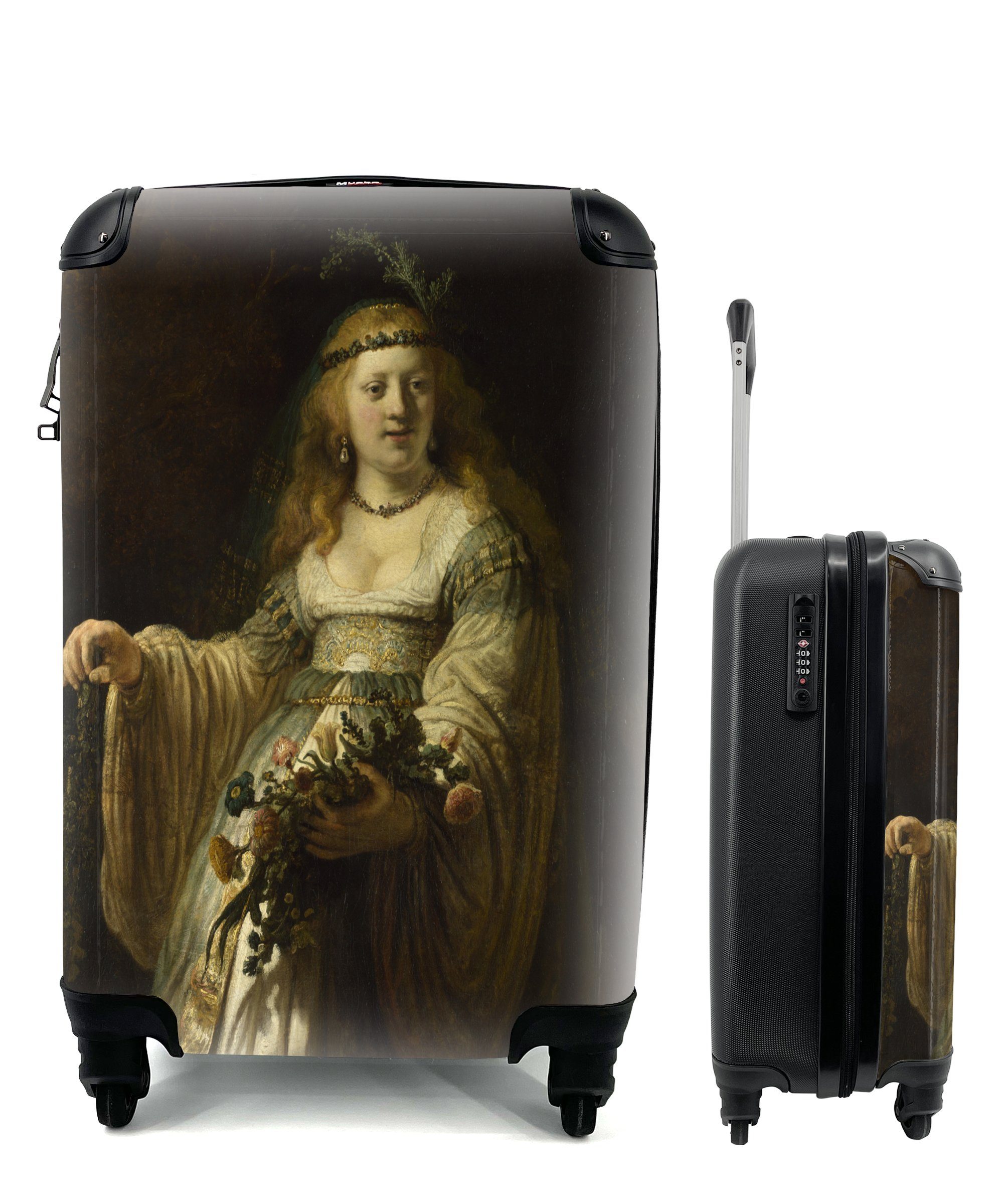 MuchoWow Handgepäckkoffer Saskia von Uylenburgh als Flora - Rembrandt van Rijn, 4 Rollen, Reisetasche mit rollen, Handgepäck für Ferien, Trolley, Reisekoffer