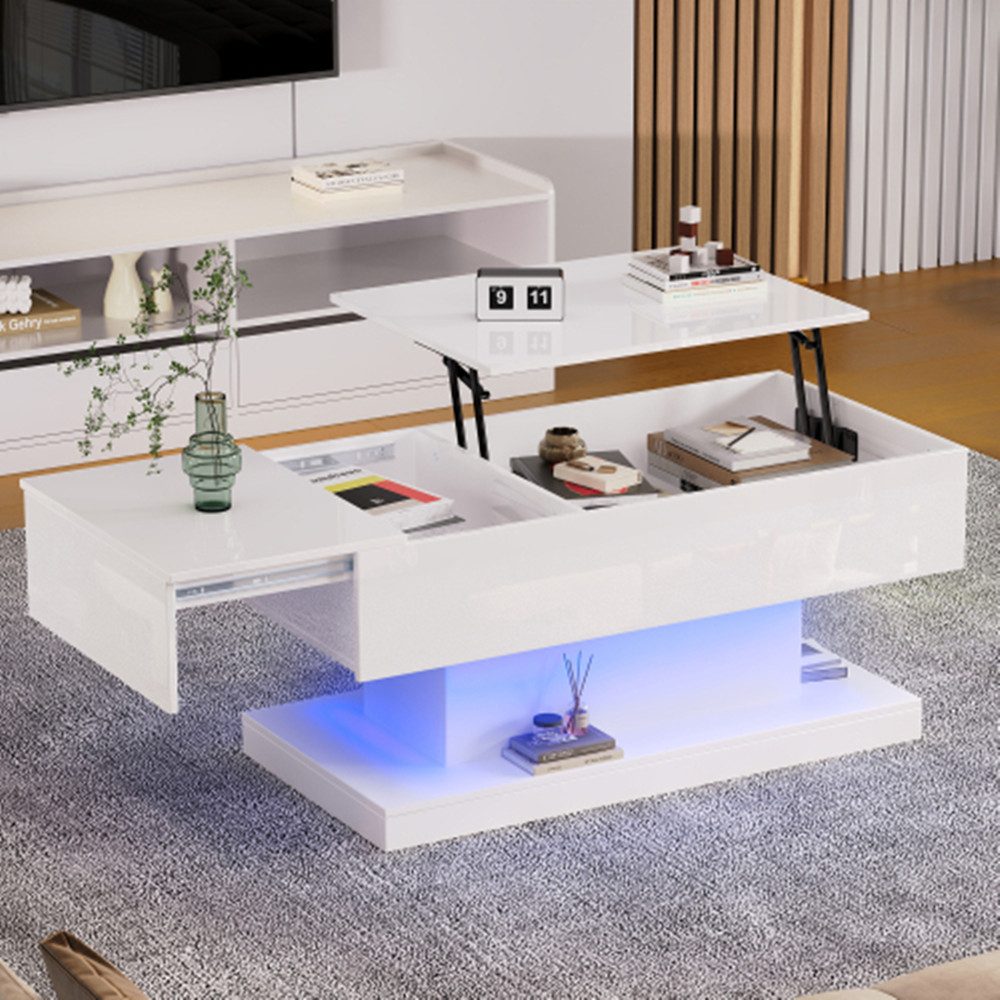 XDeer Couchtisch Hochglanz-Lift-Teetisch LED Couchtische Kaffeetisch Halbhe günstig online kaufen