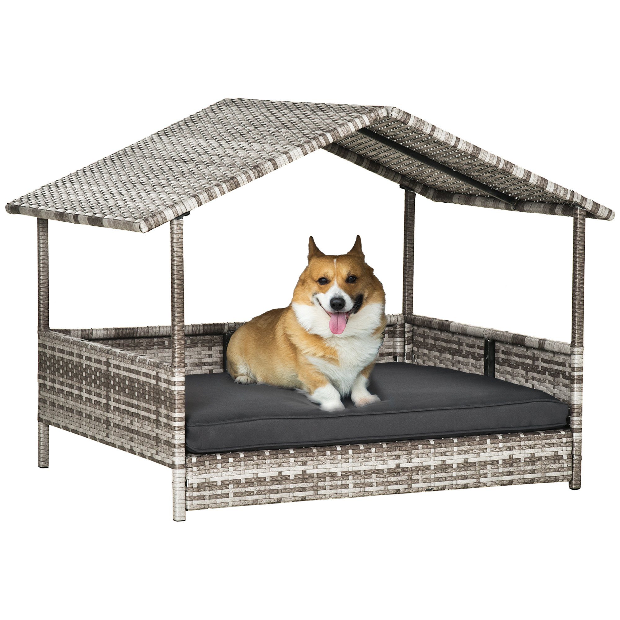 PawHut Hundehütte Rattan Hundehaus mit Kissen, Hundebett im Hausform, Grau, 69x98x70 cm, für kleine, mittlere Hunde