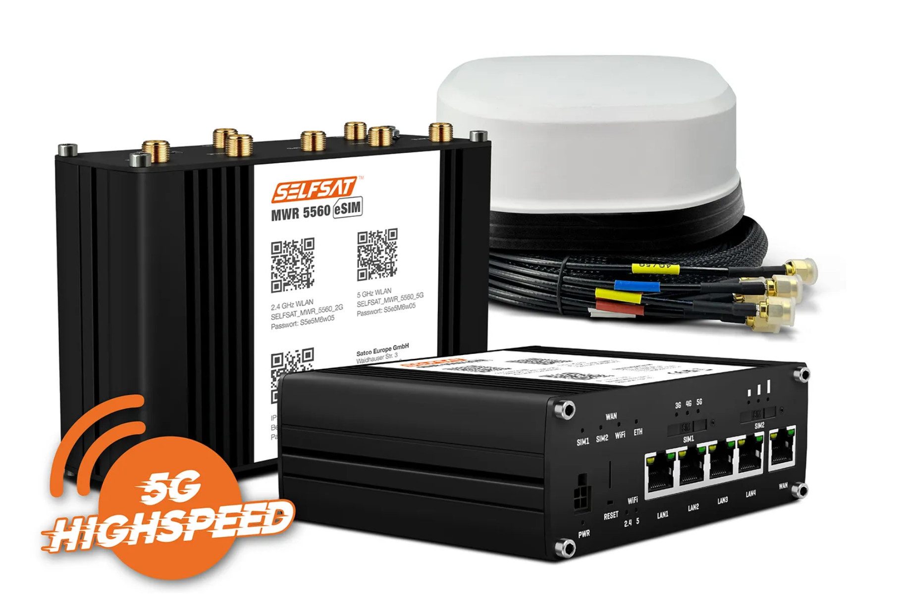 Selfsat MWR 5560 eSIM 5G Cat 20 WLAN Router bis 3,4 Gbps + SATCO 5G Antenne Mobilfunkantenne