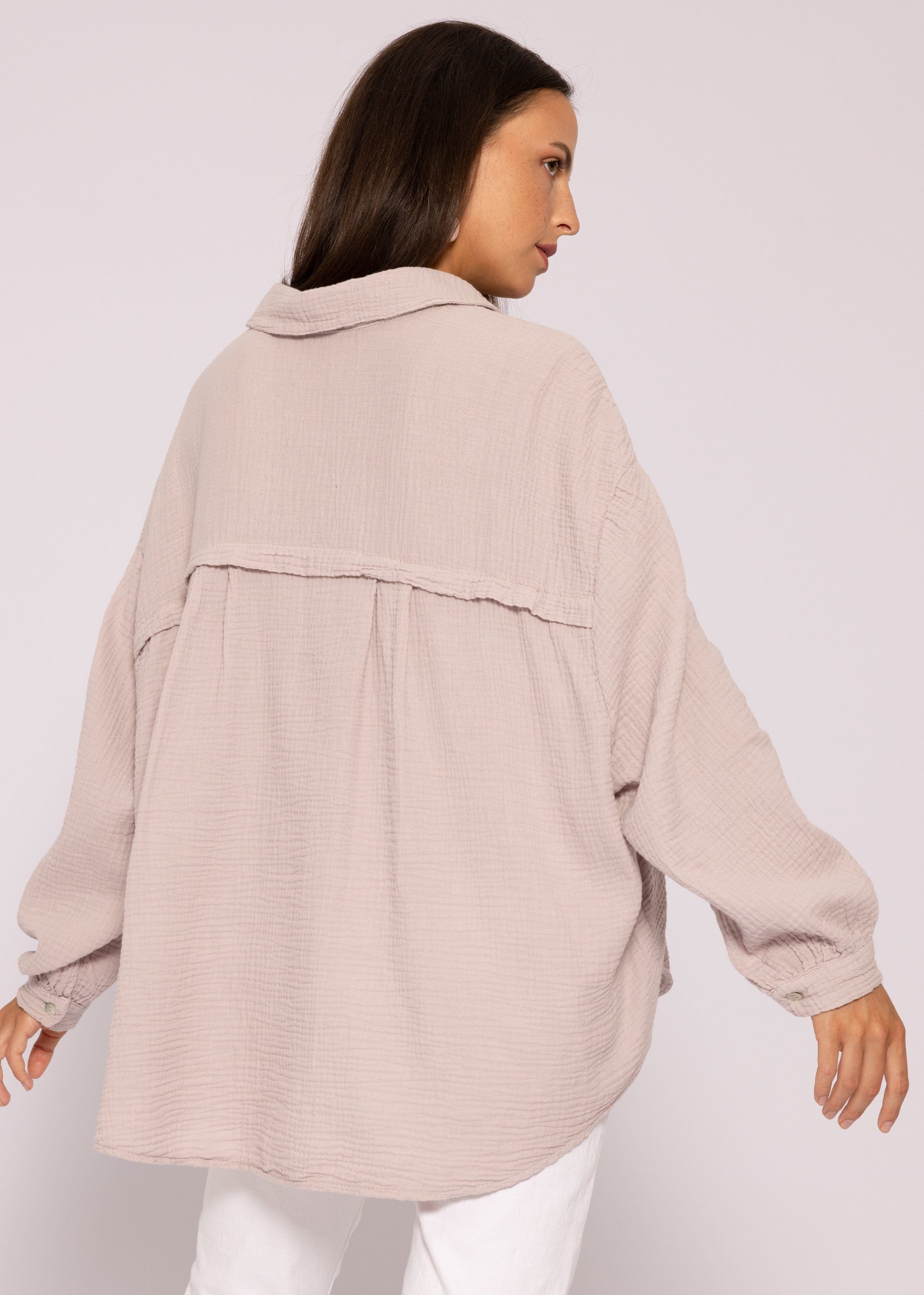 V-Ausschnitt, Langarm Puderrosa Hemdbluse Longbluse Size Oversize 36-48) One Damen lang Baumwolle Bluse (Gr. Musselin mit SASSYCLASSY aus