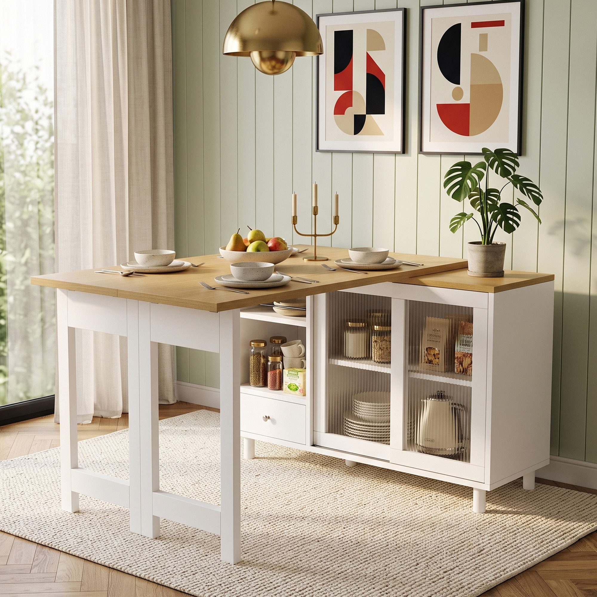 Flieks Kücheninsel Küchenschrank mit 360° drehbarer und klappbarer Arbeitstisch, (Holzoptik Tischplatte Tiefe 40-80cm, Längenverstellbar 120-180cm), ausziehbarer Esstisch & Mehrzweckschrank mit Glasschiebetür Weiß