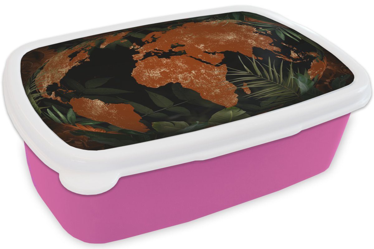 MuchoWow Lunchbox - Snackbox, Erwachsene, Globus, Kunststoff, rosa Weltkarte Kinder, - Brotdose Pflanzen Brotbox für Mädchen, (2-tlg), Kunststoff