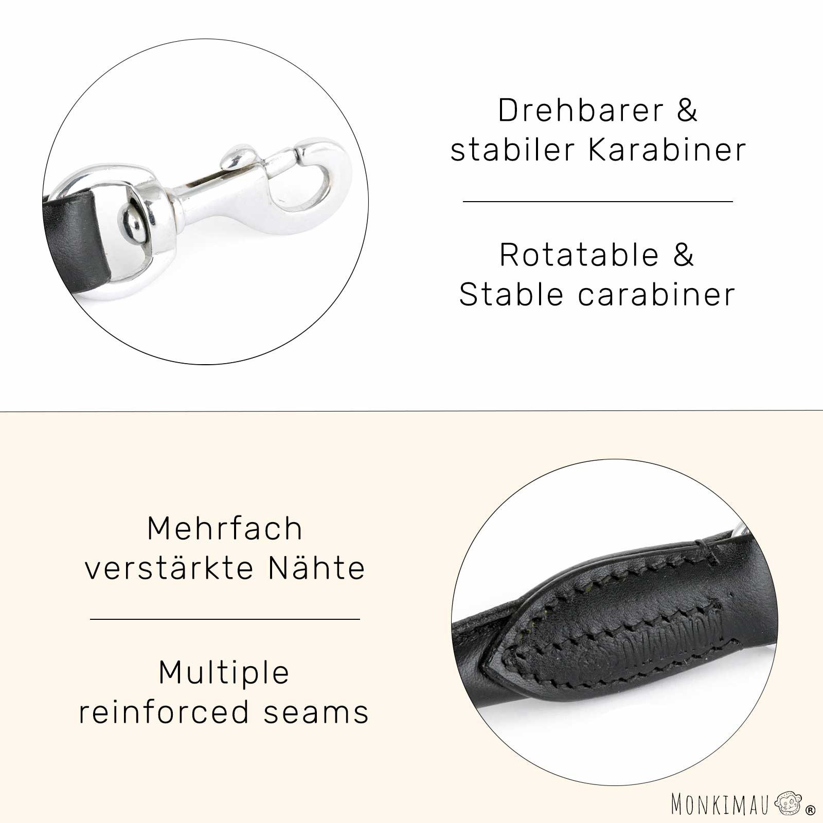 Monkimau Hundeleine Hundeleine aus Leder schwarz 1m, Robust