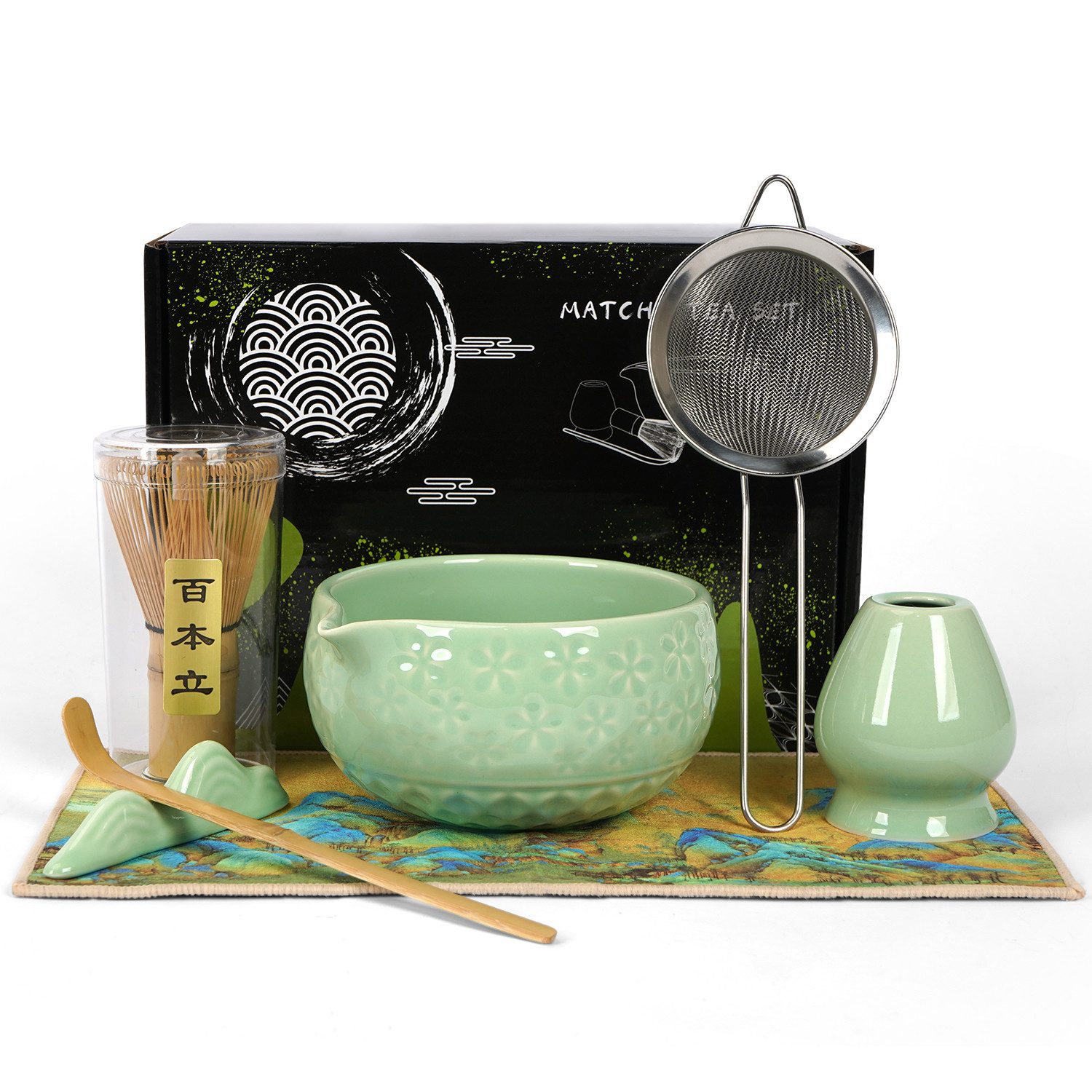 OSTWOLKE Teeservice Matcha Set 7-Teiliges Keramik, Bambusbesen, Schale & Zubehör, Matcha Tee Set für Matcha-Liebhaber