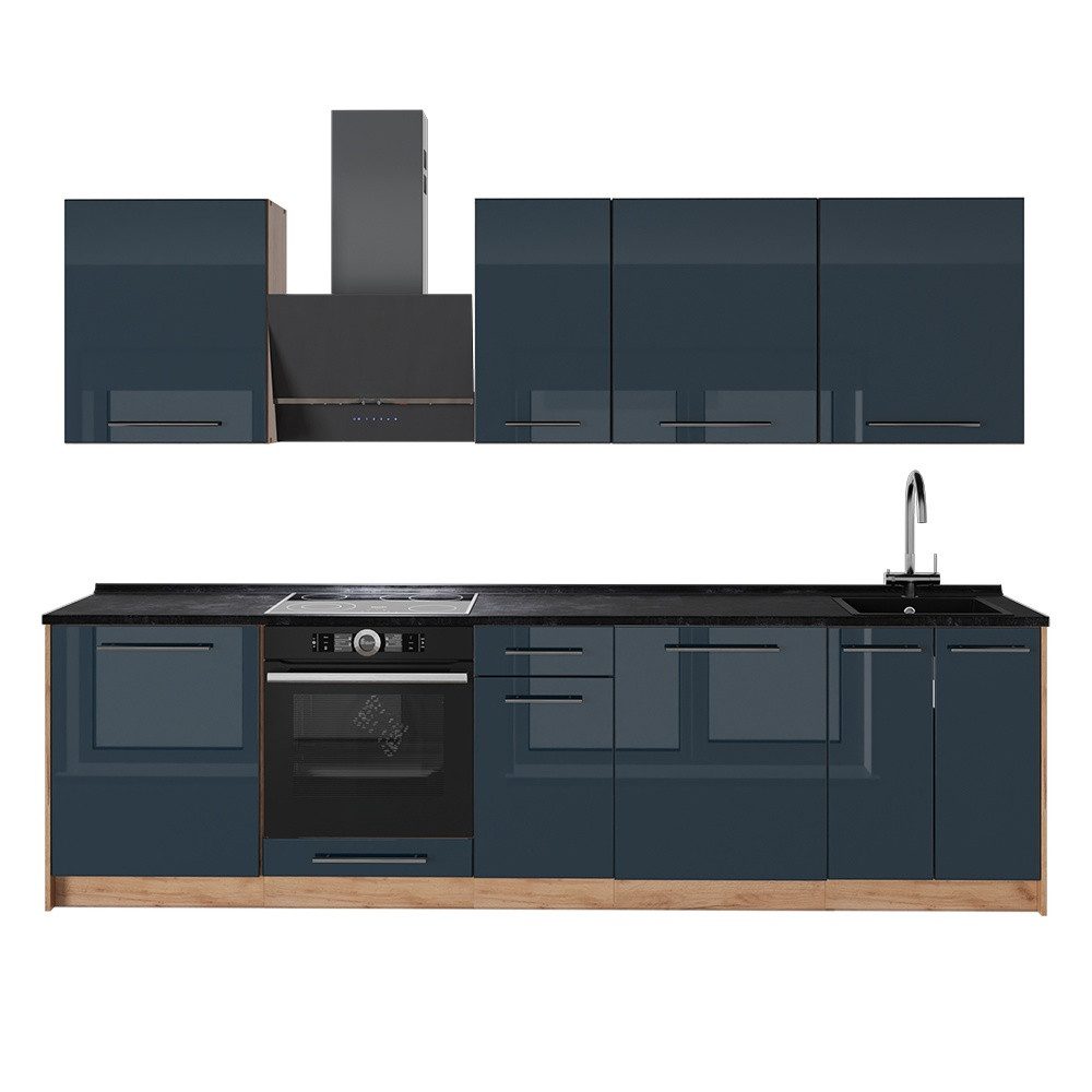 Vicco Küchenzeile Fame-Line, Dunkelblau Hochglanz/Goldkraft Eiche, 280 cm ohne Arbeit...