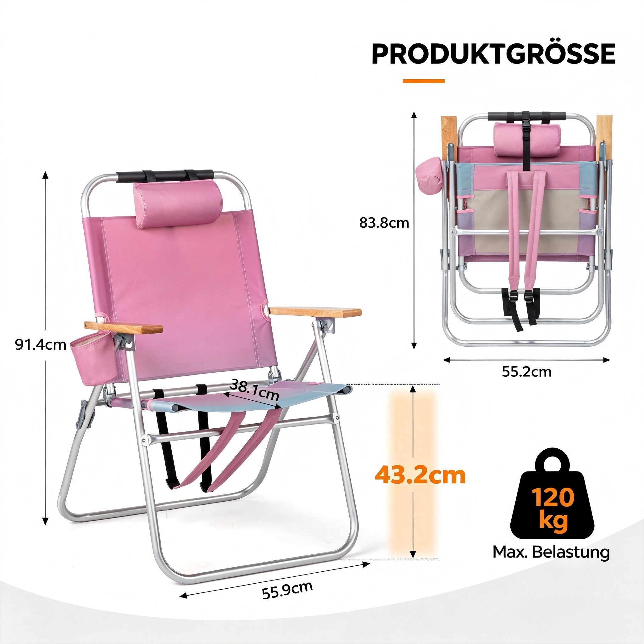 Bonnlo Campingstuhl aus Aluminium, 3-Fach Verstellbarer Rückenlehne, Rosa, Blau (1 St), Verstellbarer Rückenlehne und zugeklappt