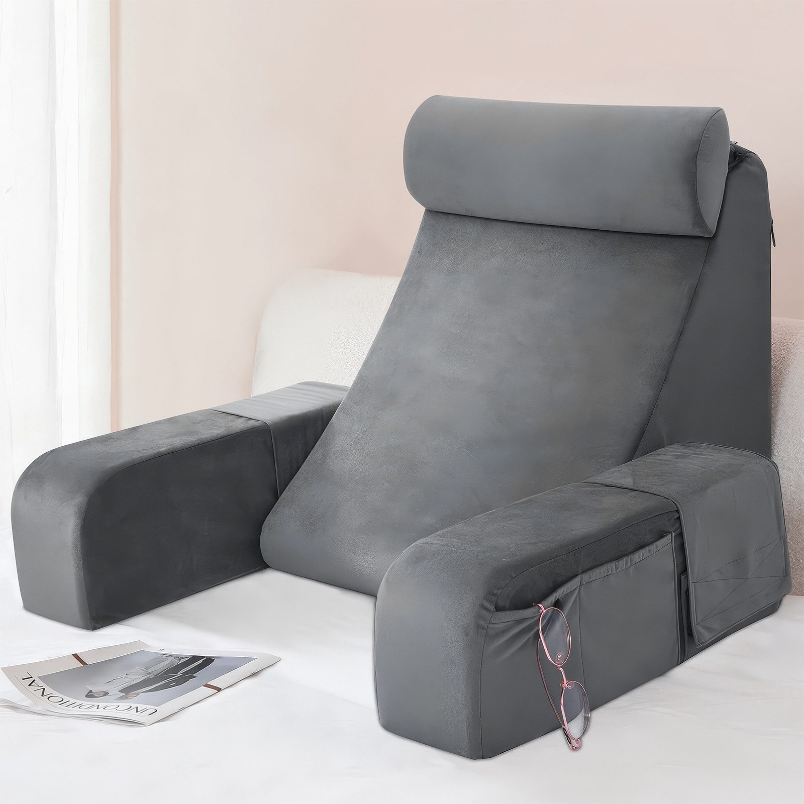 LEMLIT Rückenkissen Lesekissen Mit Armlehnen Und Kopfkissen, Memory Foam, Grau, 1er Set, 1-tlg., Verpackungsabmessungen: 40 x 18 x 12 cm, 45° Rückenlehne, Waschbarer Bezug, Seitentaschen, Für Erwachsene