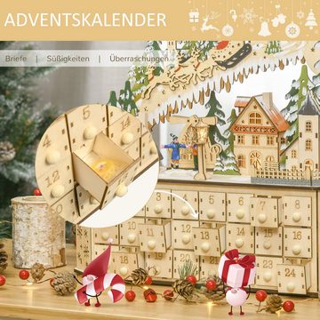 HOMCOM Weihnachtsdorf Adventskalender zum Befüllen 24 Schubladen Fächer DIY, Weihnachtskalender mit LED-Lichtern