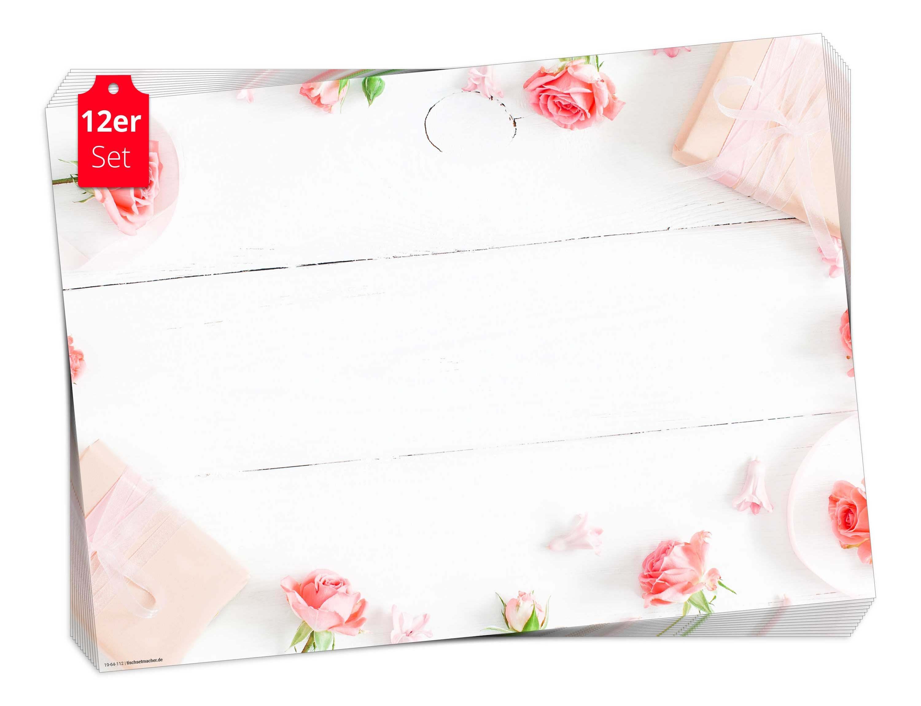 Rosen Frühling, Ambiente, (aus / Blumen weißem Ostern - Germany in & 44 tolles 12-St., Made weiß), in Holztisch, 32 Aufbewahrungsmappe cm Tischset Platzset, für x Tischsetmacher, auf Tischdeko Naturpapier
