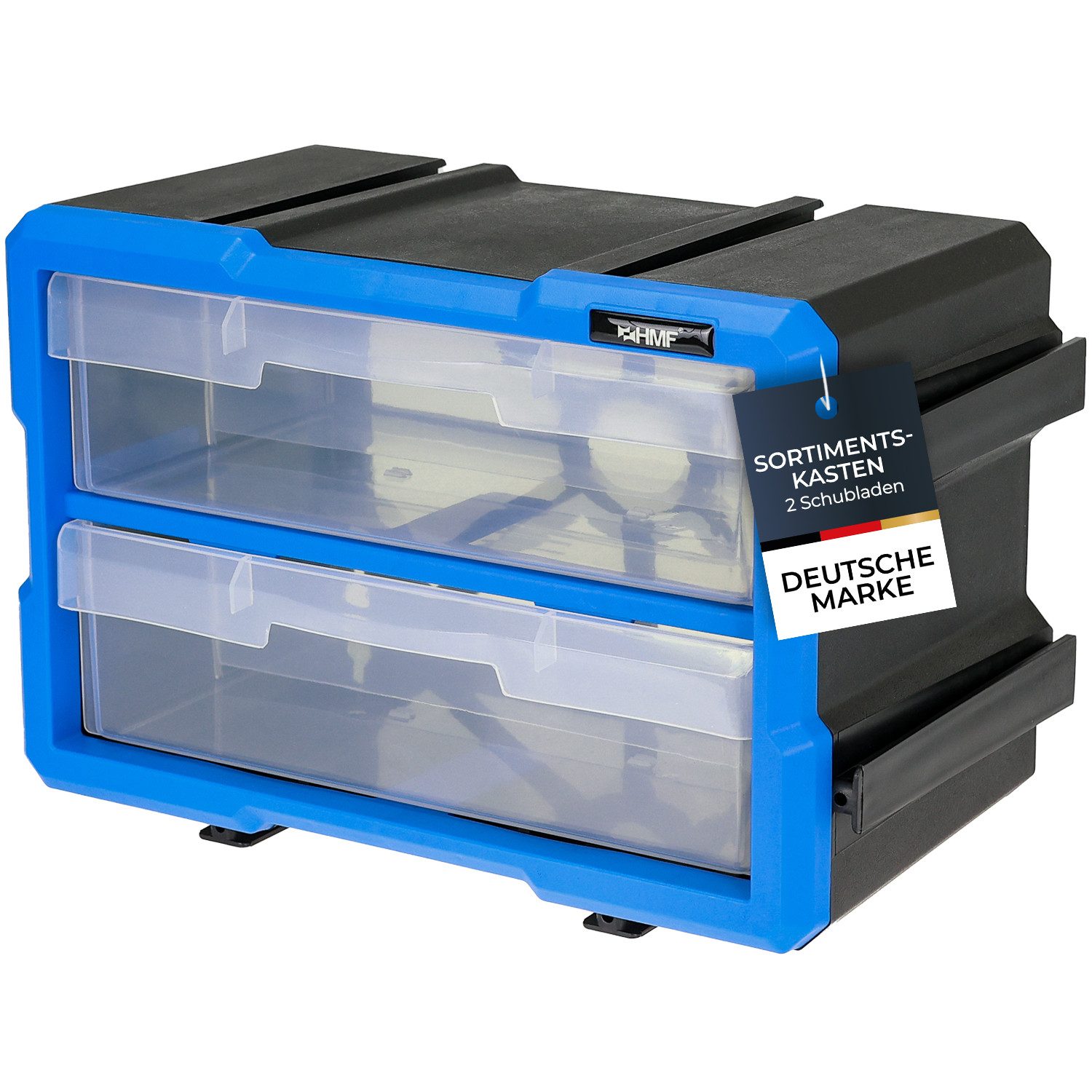 HMF Sortimentskasten Sortierbox für Kleinteile mit 2 Schubladen, Sortimentskasten, für Schrauben und Werkzeug 4 Fächer, 29,5 x 19,5 x 16 cm, Blau-Schwarz