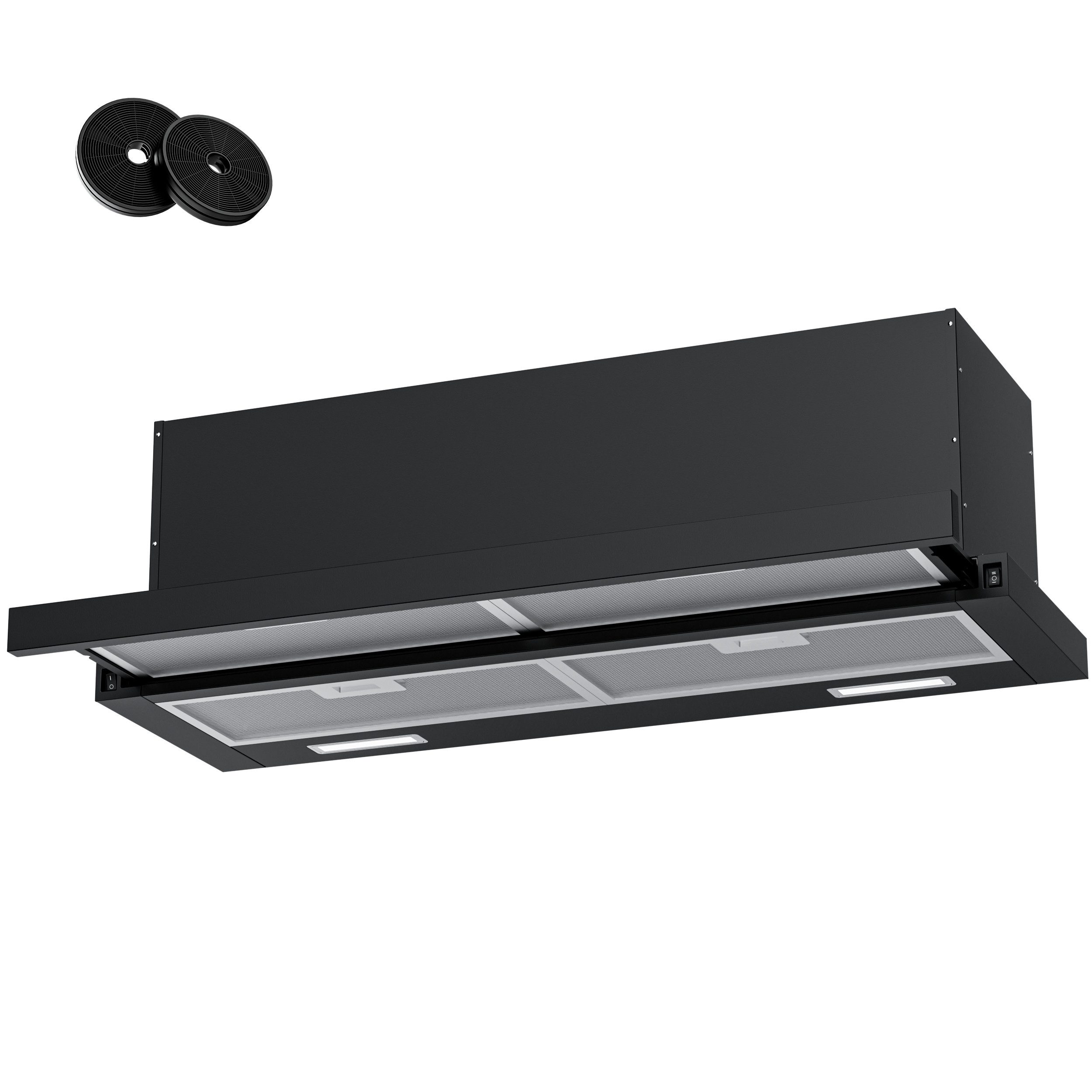 Levivo Flachschirmhaube A+++ Flachschirmhaube 90 cm Umluft & Abluft mit 400 m³/h Aktivkohlefiltern, Fettfiltern, LED-Beleuchtung