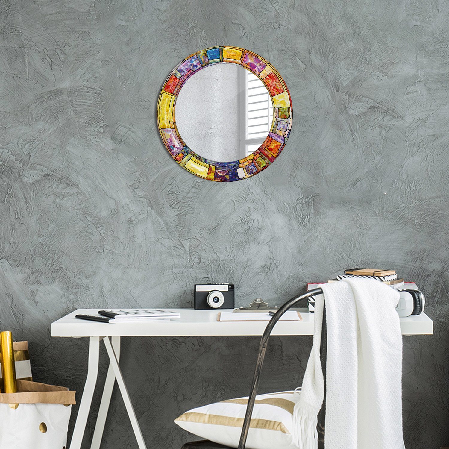 Wandspiegel Modern mit Gebeizt Tulup Aufdruck Spiegel Wandmontage Rund: Ø50cm Spiegel