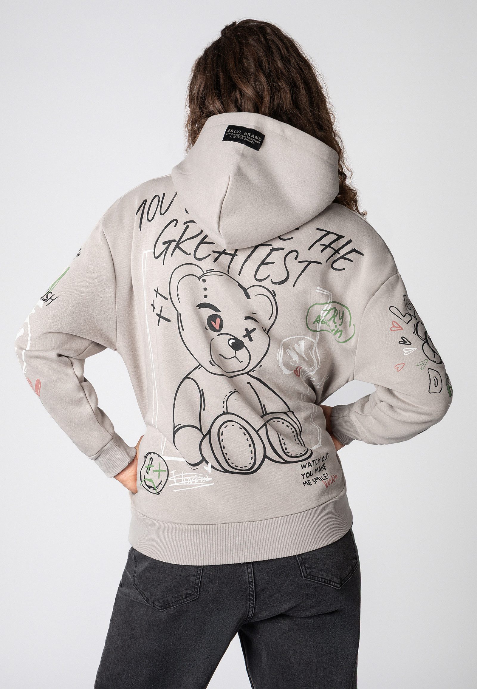 SUBLEVEL Kapuzenpullover Damen Hoodie mit Alloverprint Sweater, Kapuzensweatshirt mit seitl. Eingrifftaschen