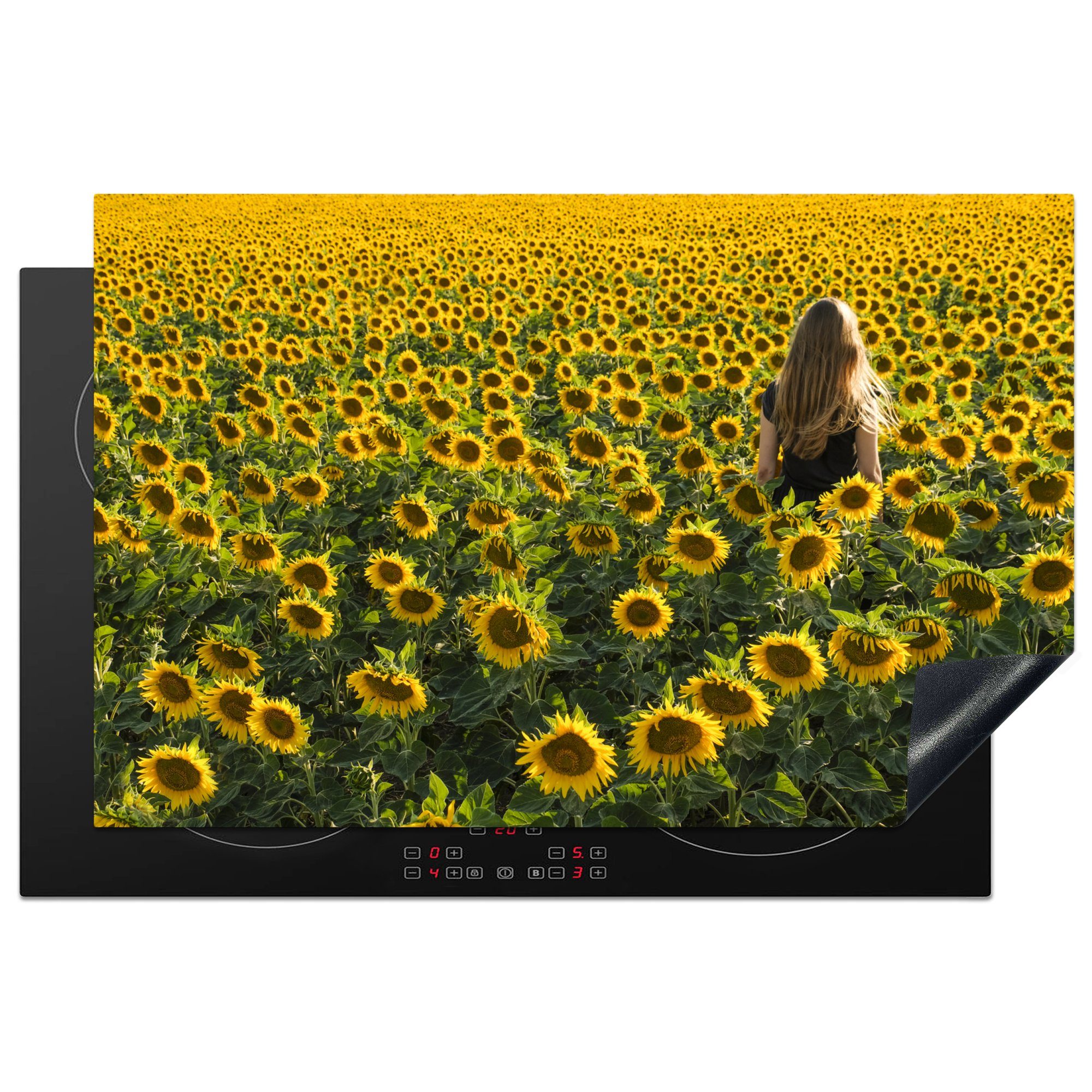 MuchoWow Herdblende-/Abdeckplatte Sonnenblume - Frau - Frühling, Vinyl, (1 tlg), 81x52 cm, Induktionskochfeld Schutz für die küche, Ceranfeldabdeckung