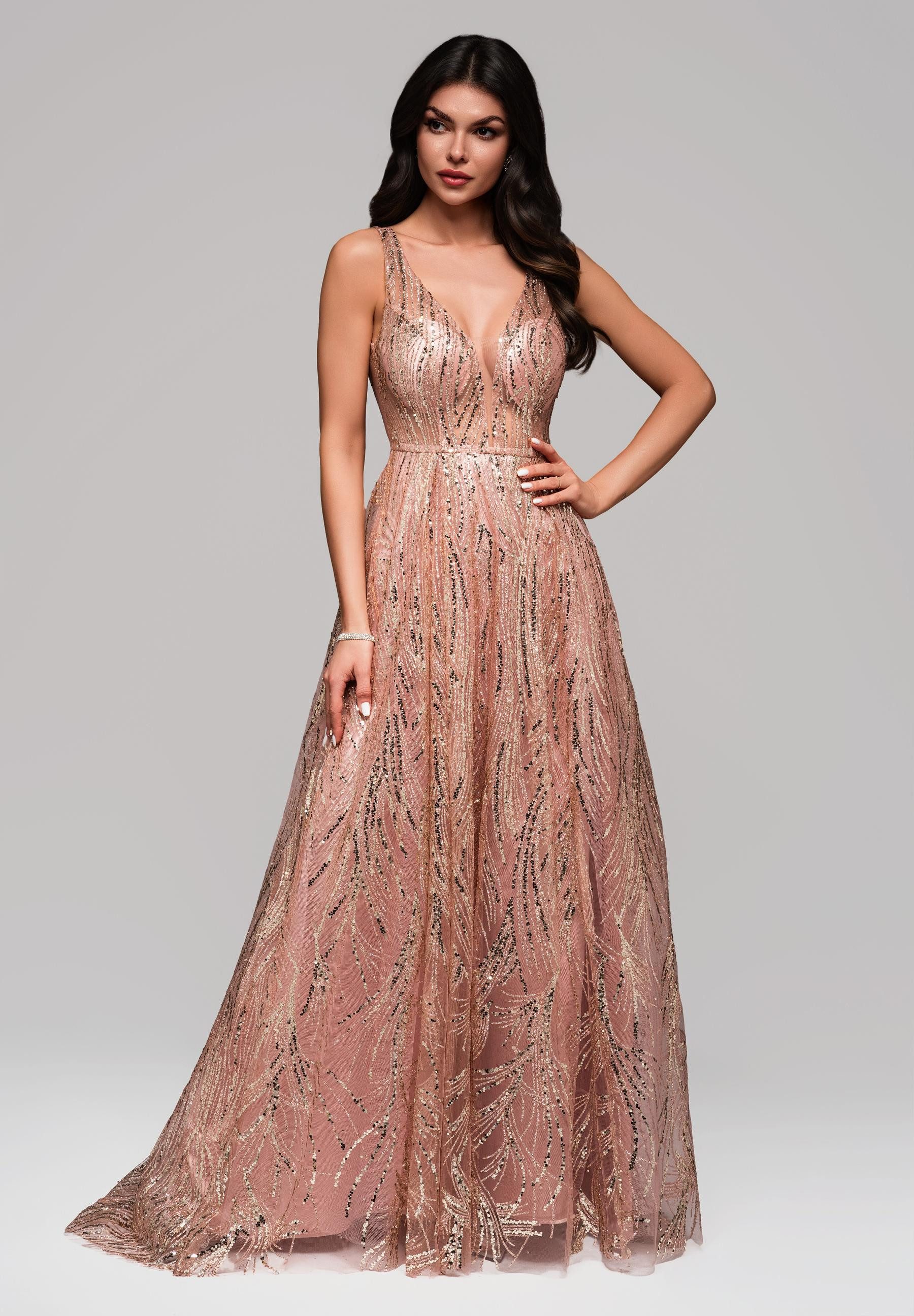 Abendkleid Elegantes Abendkleid mit Glitzer-Stickereien und tiefem V-Ausschnitt