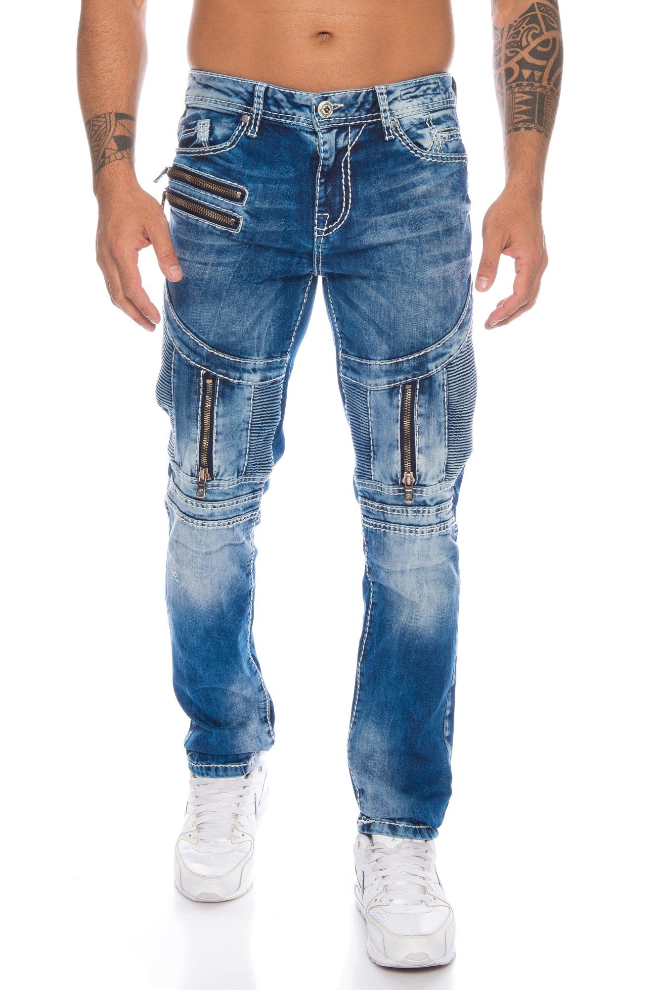 Cipo & Baxx Slim-fit-Jeans Herren Jeans Hose mit Zippern Dicke Zierreißverschlüsse und weiße Kontrastnähte