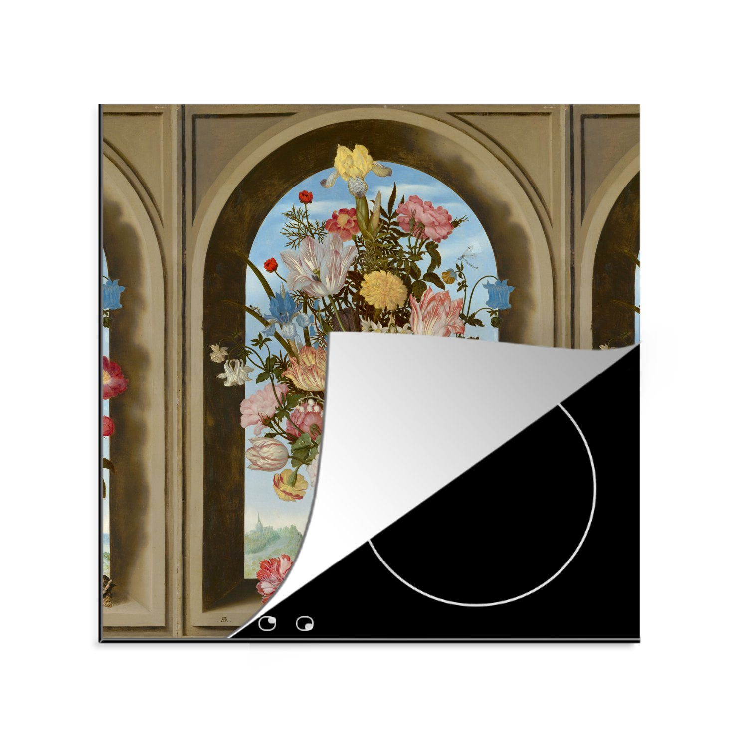 MuchoWow Herdblende-/Abdeckplatte Vase küche - Ceranfeldabdeckung, tlg), cm, von Fenster einem mit Arbeitsplatte Ambrosius 78x78 Bosschaert, in (1 Gemälde Blumen für Vinyl
