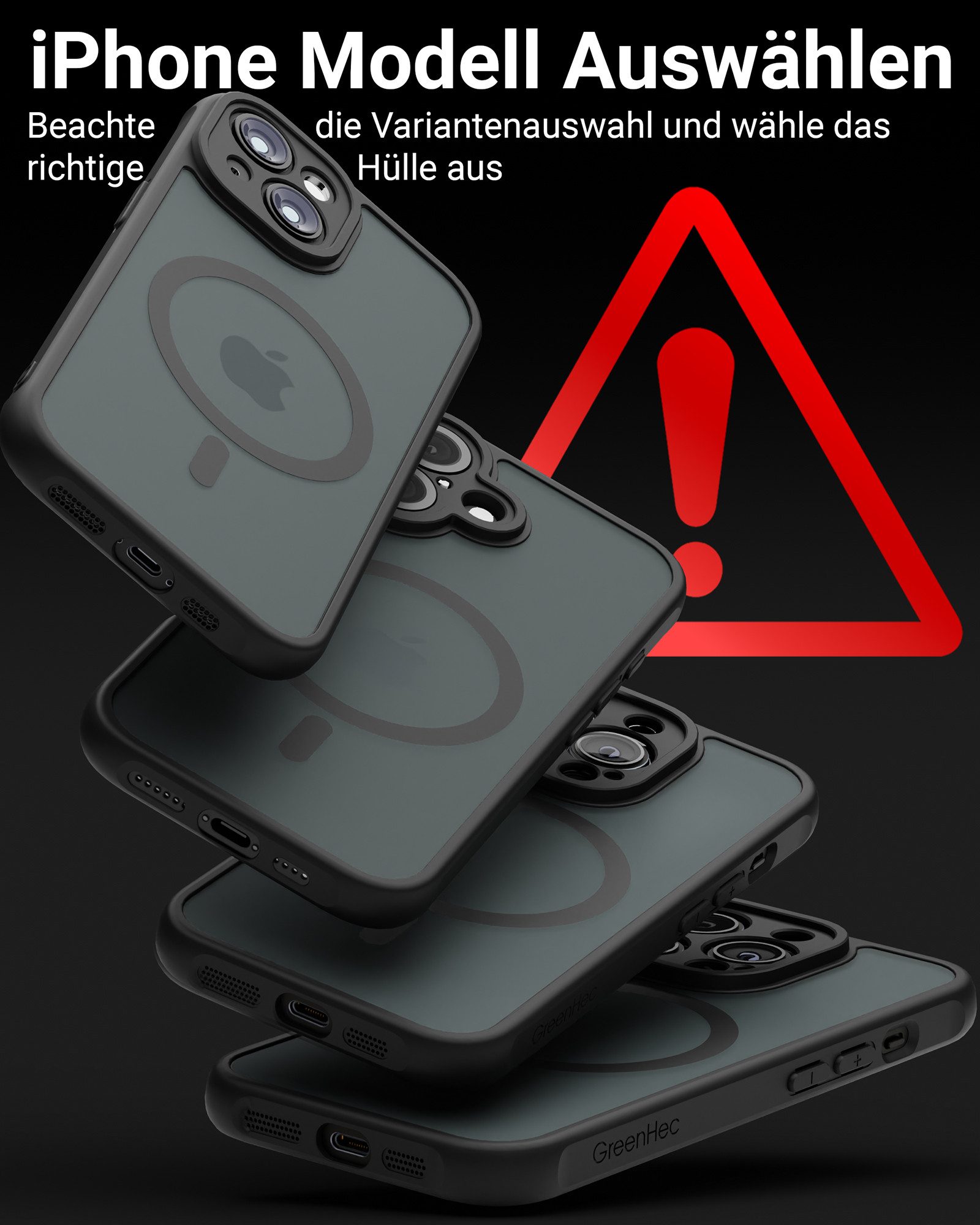 GreenHec Handyhülle Hülle iPhone 17 16 15 14 13 12 11 Pro Max 16e 17e Air MagSafe Magnetic 6.1 Zoll, Magnetisch Cover Schwarz Matt Black Case Bumper Schutzhülle Handyhülle