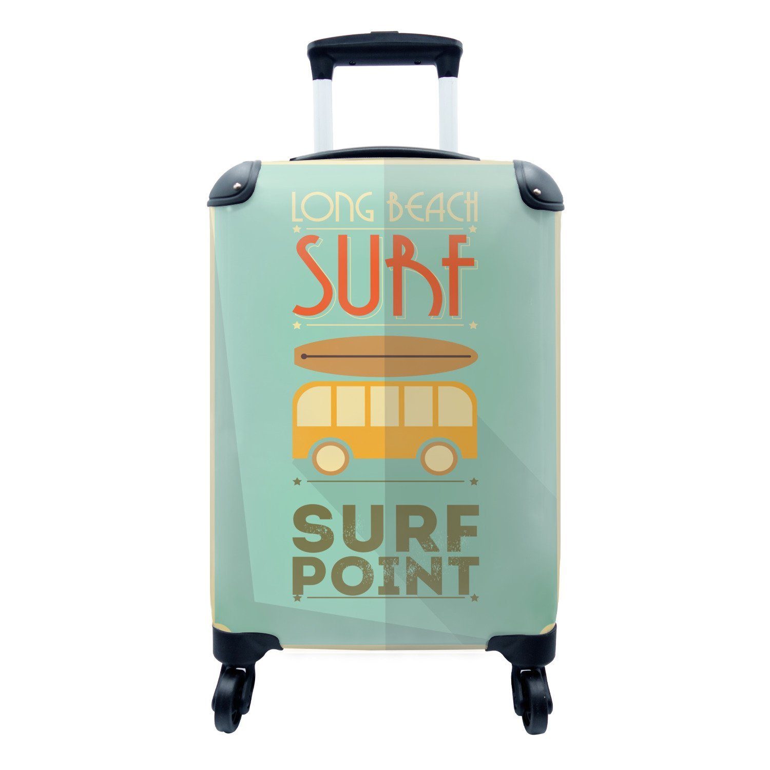 MuchoWow Handgepäckkoffer Illustration von "Surf Point" vor einem grünen Hintergrund, 4 Rollen, Reisetasche mit rollen, Handgepäck für Ferien, Trolley, Reisekoffer